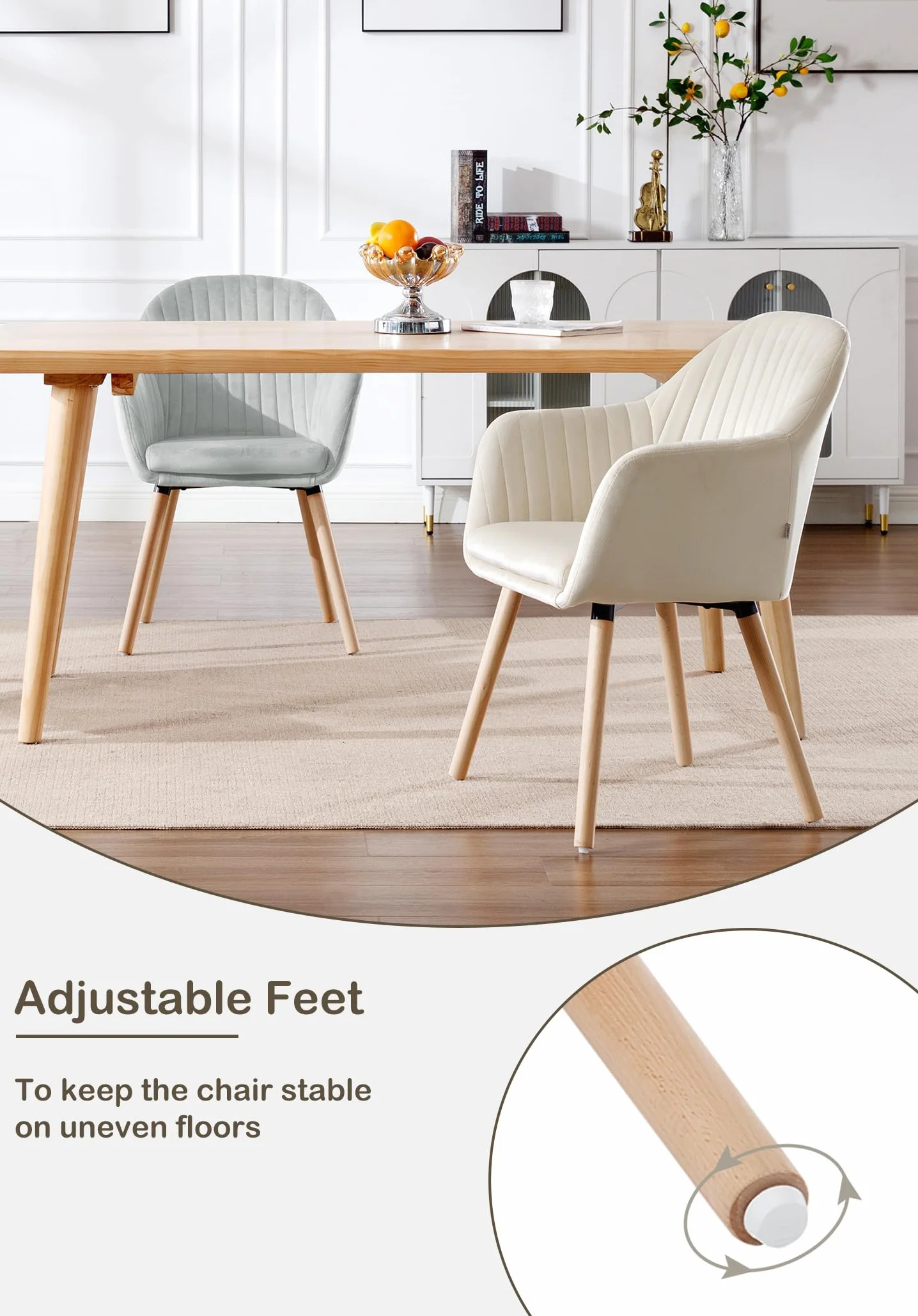 WOLTU 2 x krzesło do jadalni, krzesło kuchenne, tapicerowane, do salonu, designerskie krzesło z podłokietnikami, aksamitne, lite drewno, kremowo-biały BH95cm-2