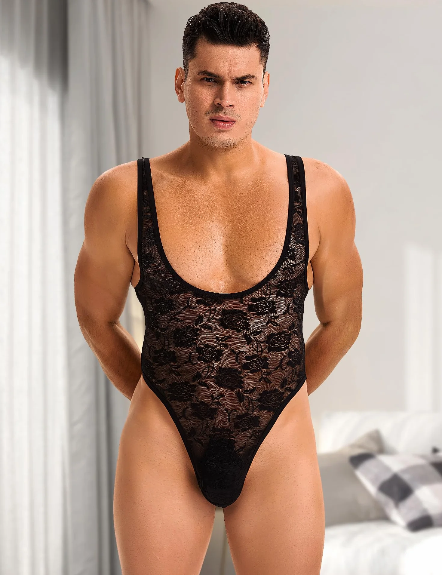 ohmydear Męskie body z siatki bielizna męska uwodzicielska gorąca mamuśka seksowna bielizna męska bez rękawów bodystocking męska seksowna odzież bez pleców plus size