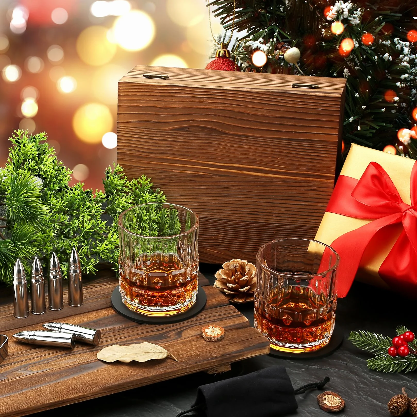 Sovyime Zestaw Prezentowy Whisky - Szklanki do Whisky 2 szt., Kamienie Stal Nierdzewna, Drewniane Pudełko