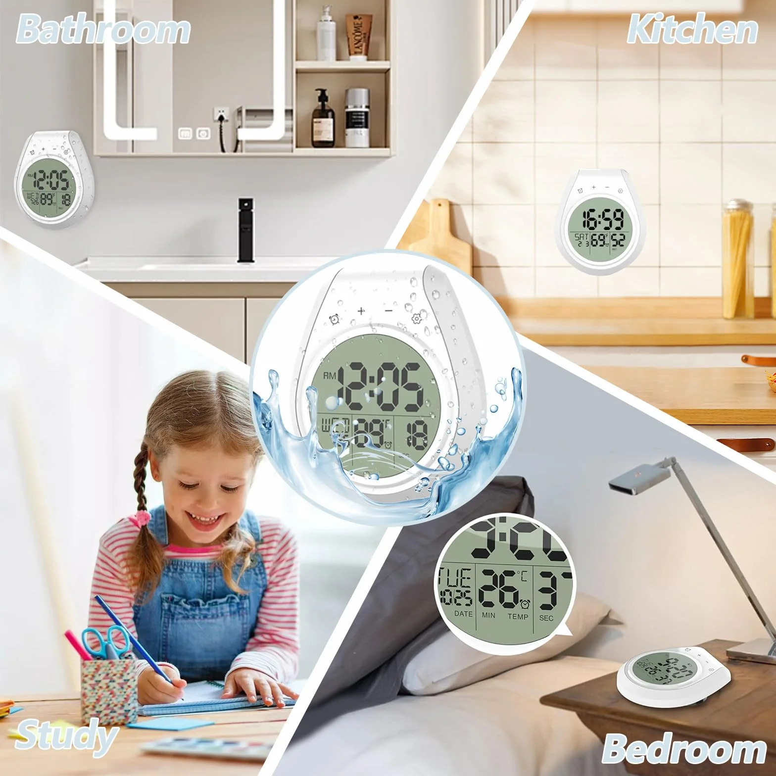 Cyfrowy timer prysznicowy wodoodporny z wyświetlaczem temperatury i wilgotności do łazienki