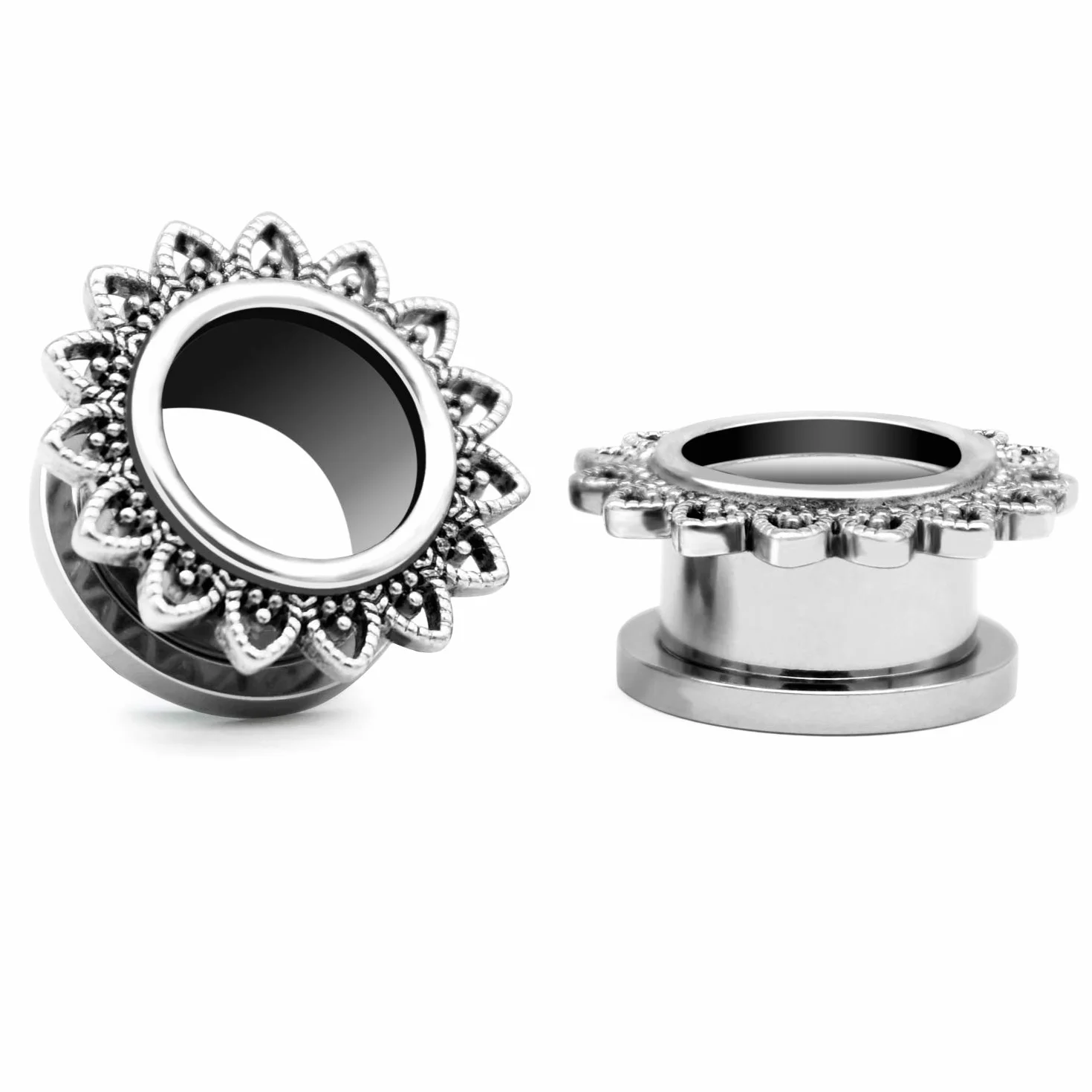 FECTAS 1 para srebrnych tuneli do uszu, zatyczki do uszu, kwiat, ze stali nierdzewnej, rozszerzacz, nosze, retro, piercing biżuteria (6-16 mm)