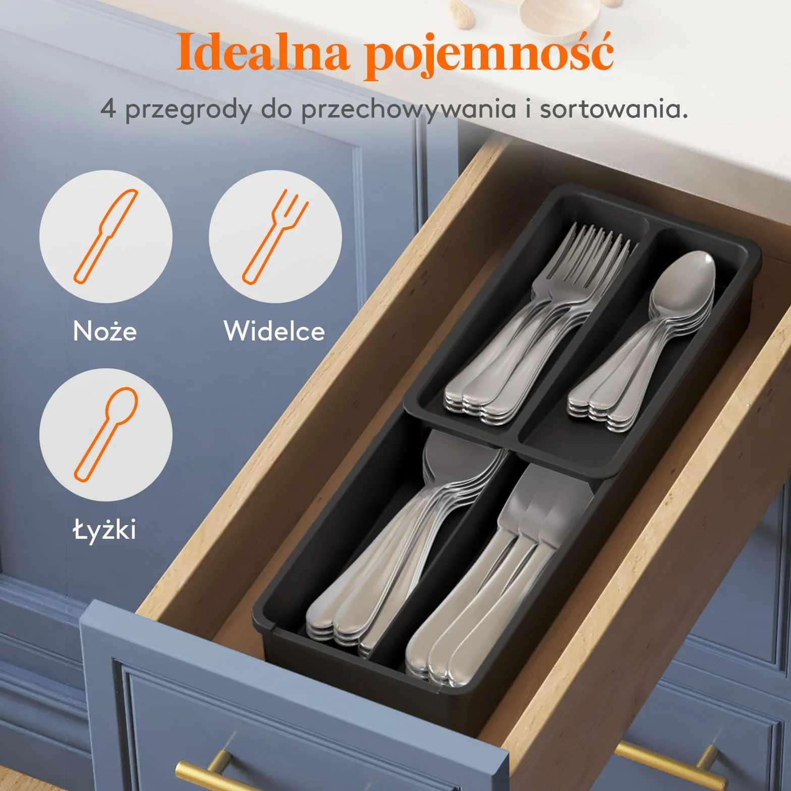Lifewit 2 szt. kompaktowy pojemnik na sztućce, 42 x 14,5 x 6 cm, szuflada z 4 półkami i koszem na sztućce, kolor czarny