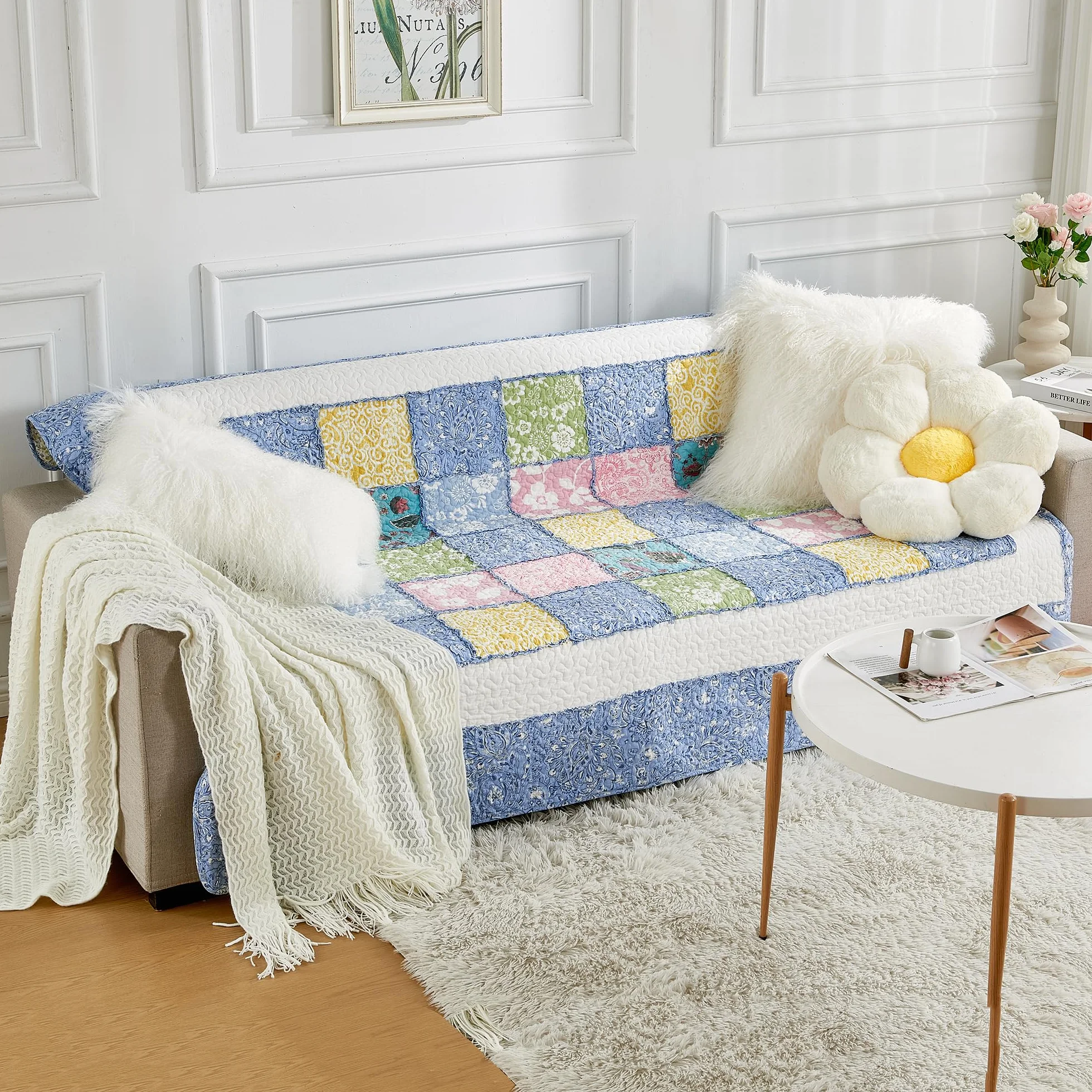 Cozyholy Oryginalna 100% Bawełniana Patchworkowa Kołdra Podwójna Niebieska Paisley Kwiatowa Narzuta Dwustronna Vintage Shabby Chic Pikowana na Kanapę Sofę