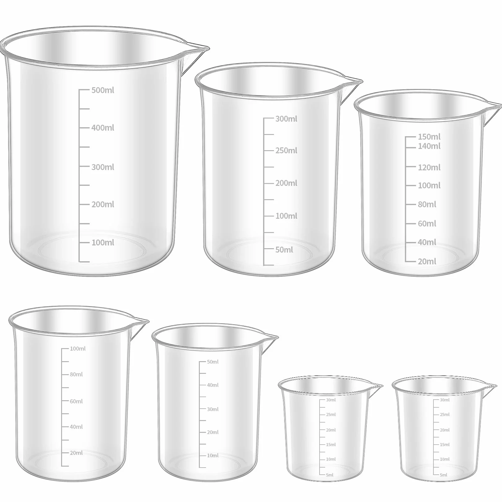 Zestaw 7 kubków z miarką, ML 30 ml, 50 ml, 100 ml, 150 ml, 250 ml, 500 ml, miarka, precyzyjna, odporna na wysokie temperatury, tworzywo sztuczne, mała miarka ze skalą do laboratorium