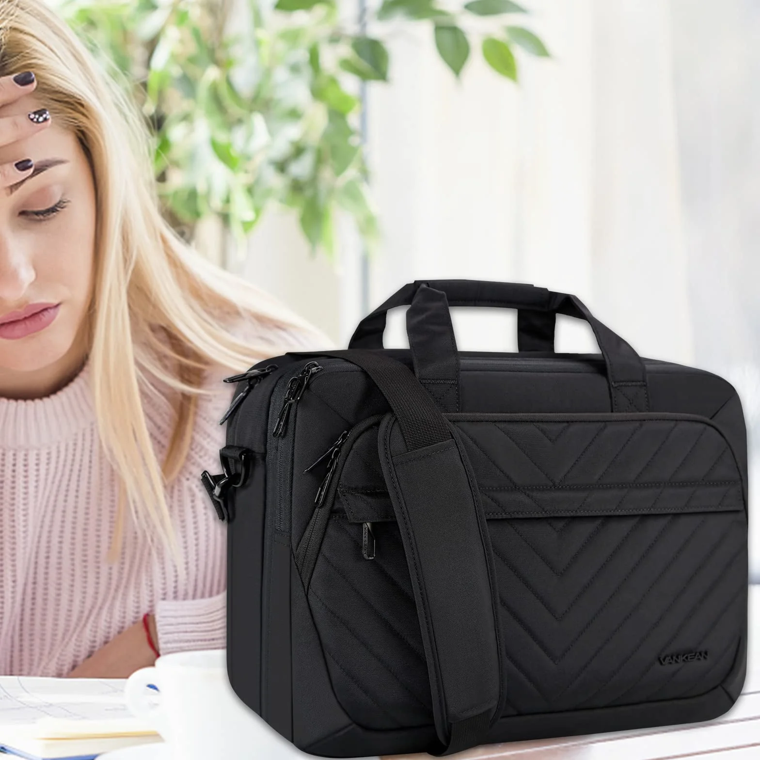 VANKEAN Torba na laptopa 17" dla kobiet i mężczyzn, modna, przyjazna dla TSA, wodoszczelna aktówka na podróż służbową, do szkoły, torba robocza z przegródkami RFID, czarna