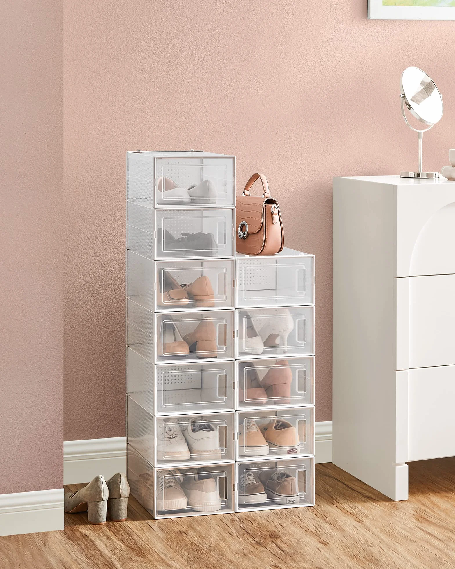 SONGMICS Pudełka na buty zestaw 12 sztuk organizer plastikowe składane układane w stosy do rozmiaru 44 przezroczysty-biały LSP12SWT
