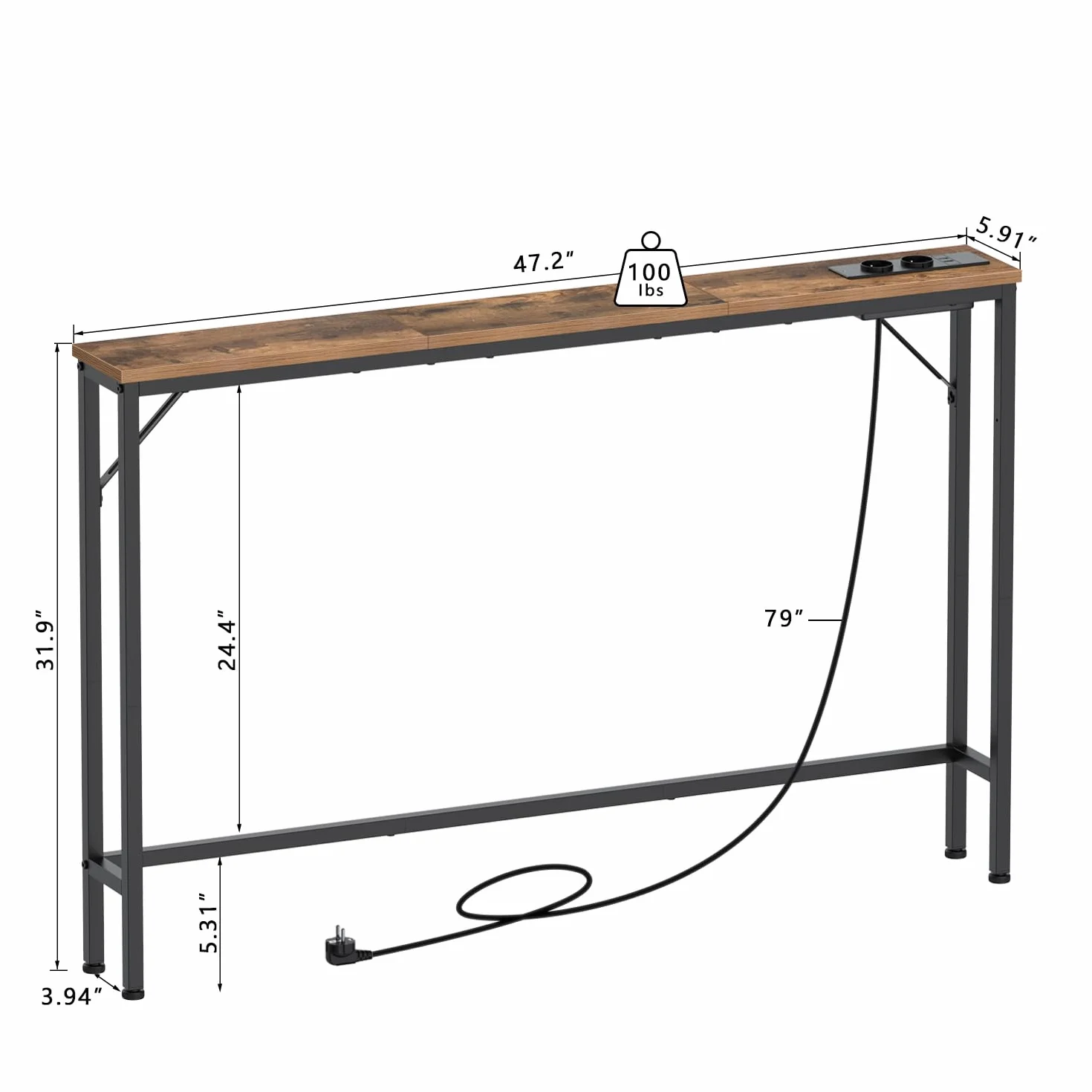 Vedecasa zestaw 2 konsol o szerokości 15 cm z gniazdkiem i portami USB, wąski stolik pomocniczy lub stolik za kanapę, do przedpokoju, salonu, korytarza i biura, ze stabilną stalową konstrukcją