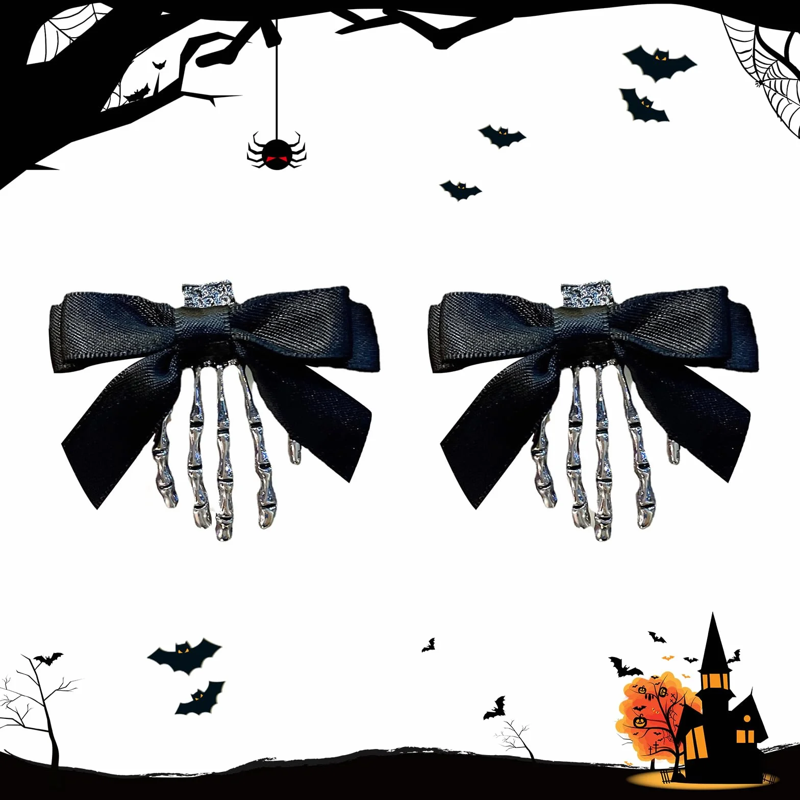 TONAUP Spinki do włosów na Halloween, z trupią czaszką, 2 sztuki, spinka do włosów z czarną muszką, w stylu vintage, na imprezę z horrorem, Halloween