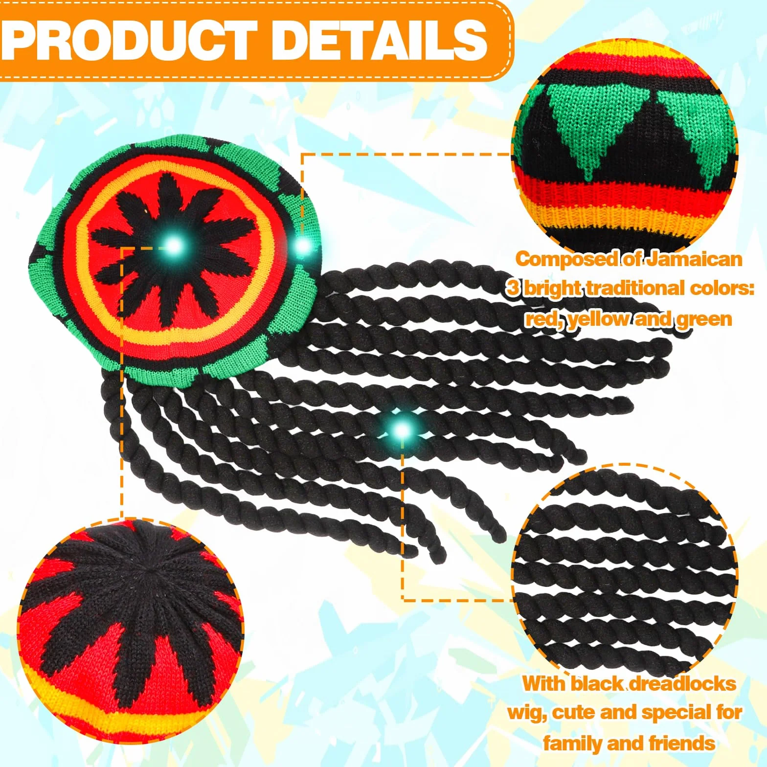 4 sztuki czapek Rasta Dreadlocks, peruka Rasta, styl jamajski, zabawne czapki z dredami, peruka, czapka z włosami, zabawny kostium, maskarada, akcesoria kostiumowe do cosplay