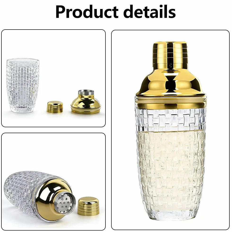 Szklany shaker do koktajli 400 ml 3 sztuki szczelny mikser z pokrywką ze stali nierdzewnej złoty