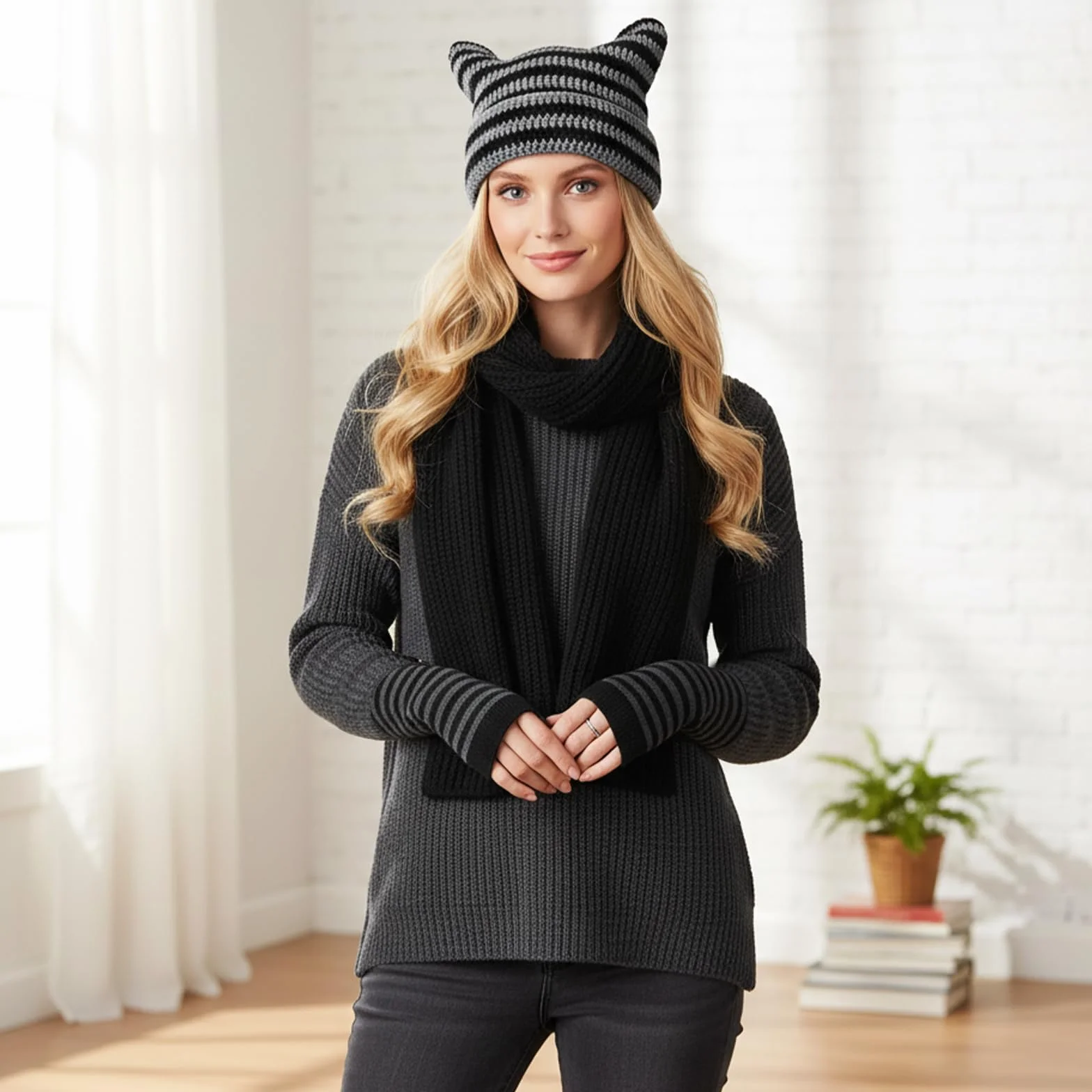 Damska czapka z kocimi uszami, y2k Beanie Striped Crochet Slouchy Hat z długimi mankietami w paski, dla kobiet, zimowa, ciepła