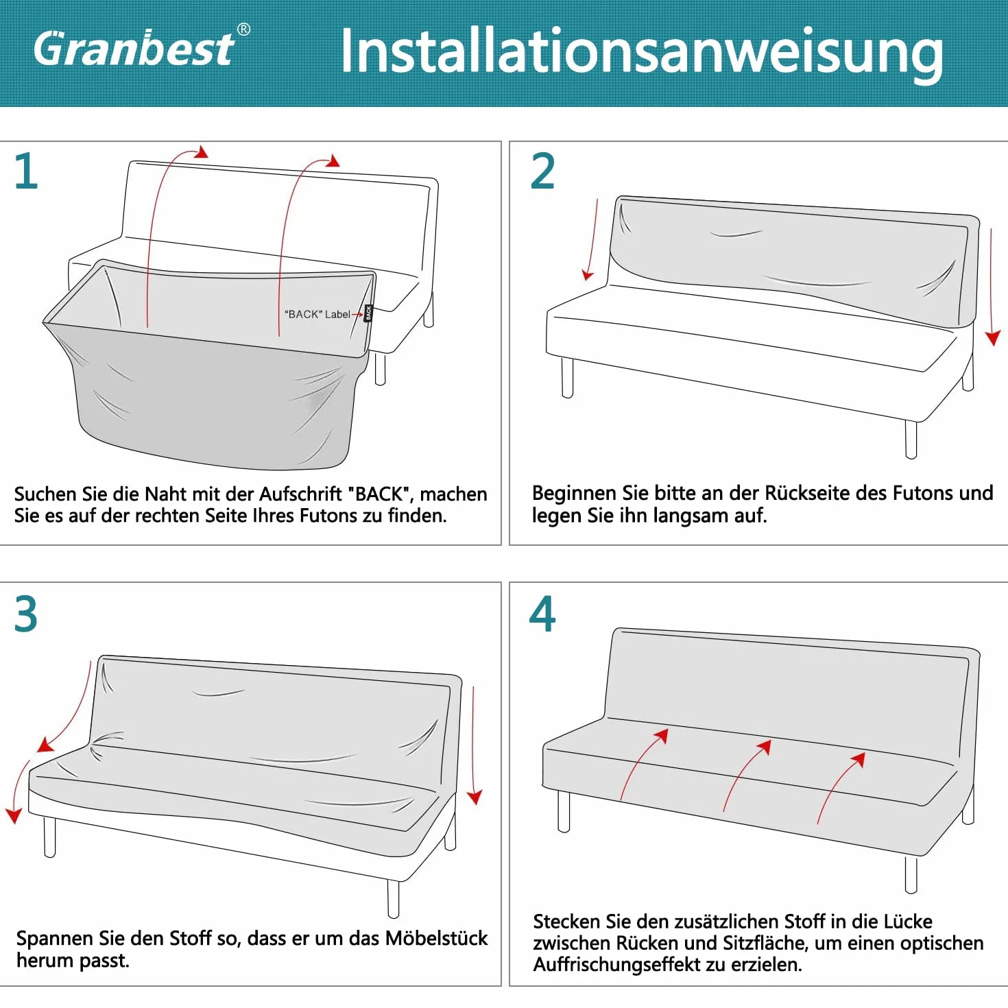 Granbest wodoodporna poszewka na futon bez podłokietników, wysoki stretch futon ochraniacz do składanego sofę do spania antypoślizgowy poszewka na sofę bez podłokietników (szary)