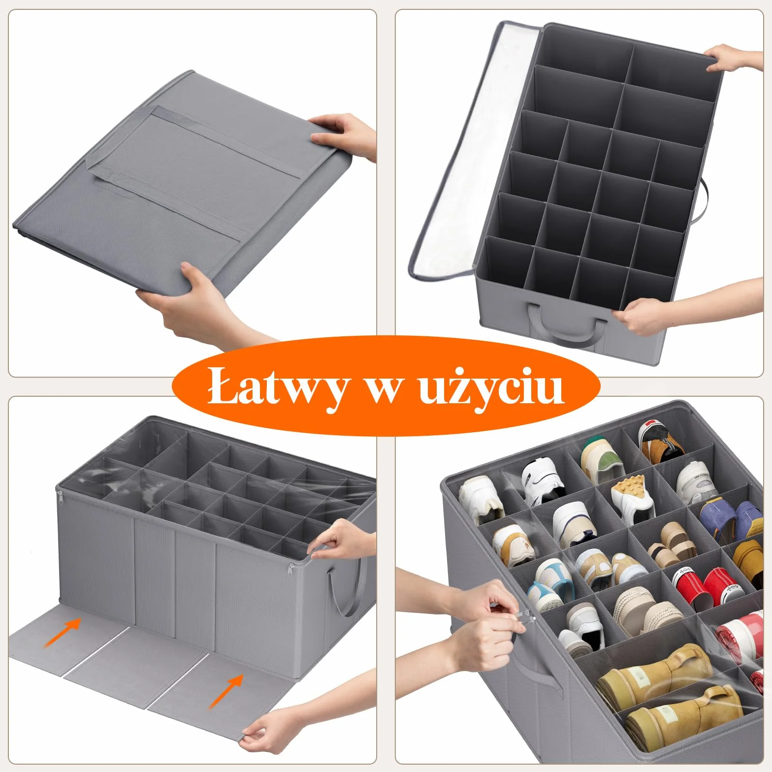 Lifewit Duży organizer na buty składane pudełko przezroczystą pokrywą wzmocnionymi uchwytami szary