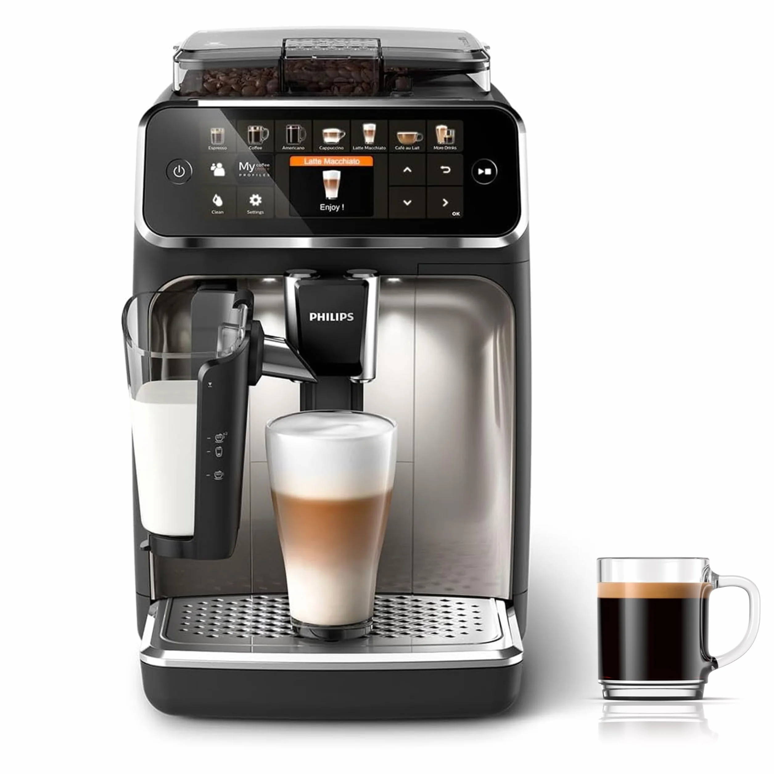 Philips 5400 Series W pełni automatyczny Ekspres do Kawy – Spieniacz LatteGo, 12 Rodzajów Napojów, Intuicyjny Wyświetlacz, 4 Profile Użytkownika, Filtr AquaClean w zestawie, Kolor Chrom (EP5447/90)