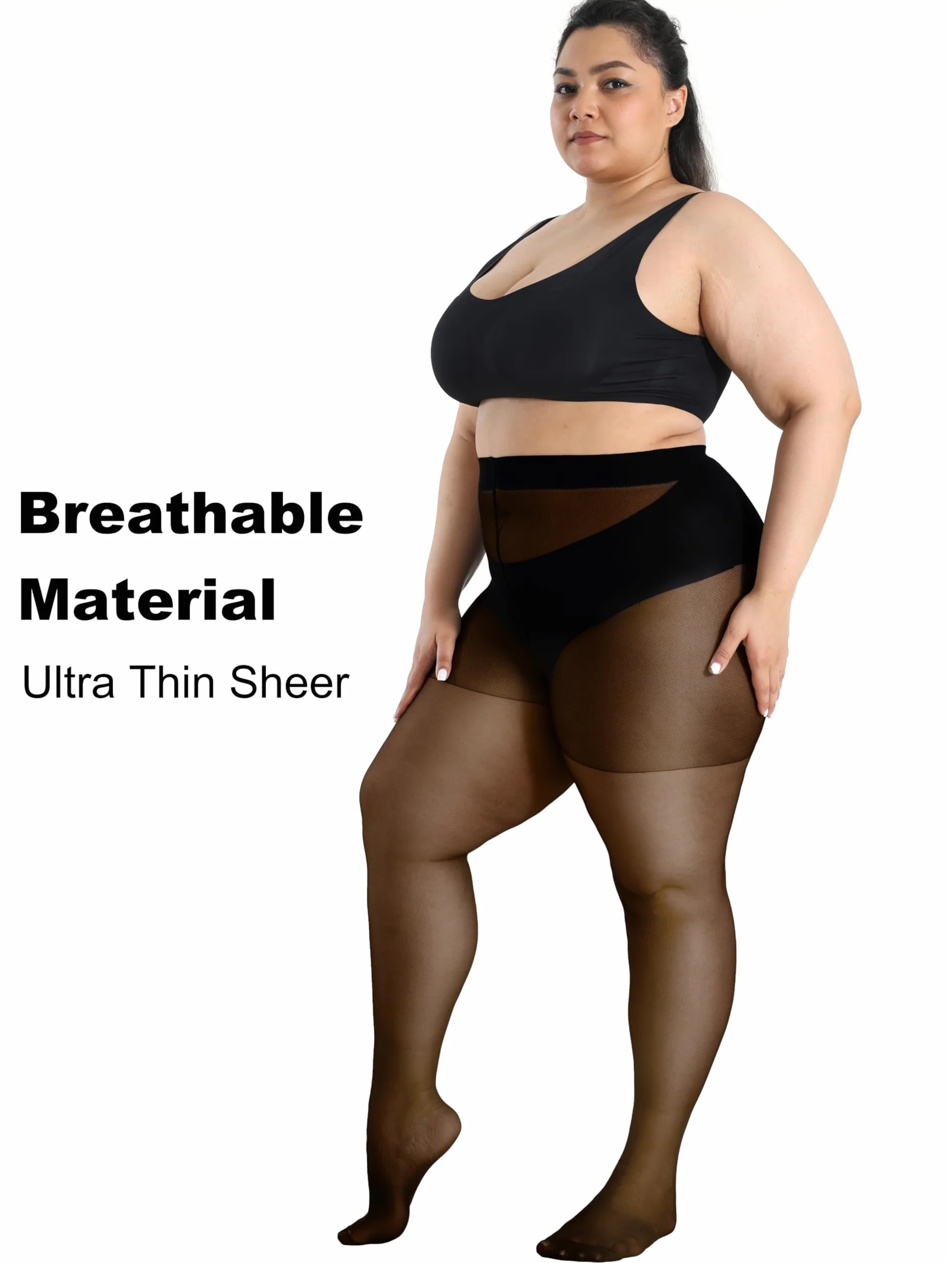 HeyUU Przezroczyste rajstopy plus size dla kobiet, ultra cienkie rajstopy wzmocnione palce pończochy z wysokim stanem XL-4XL