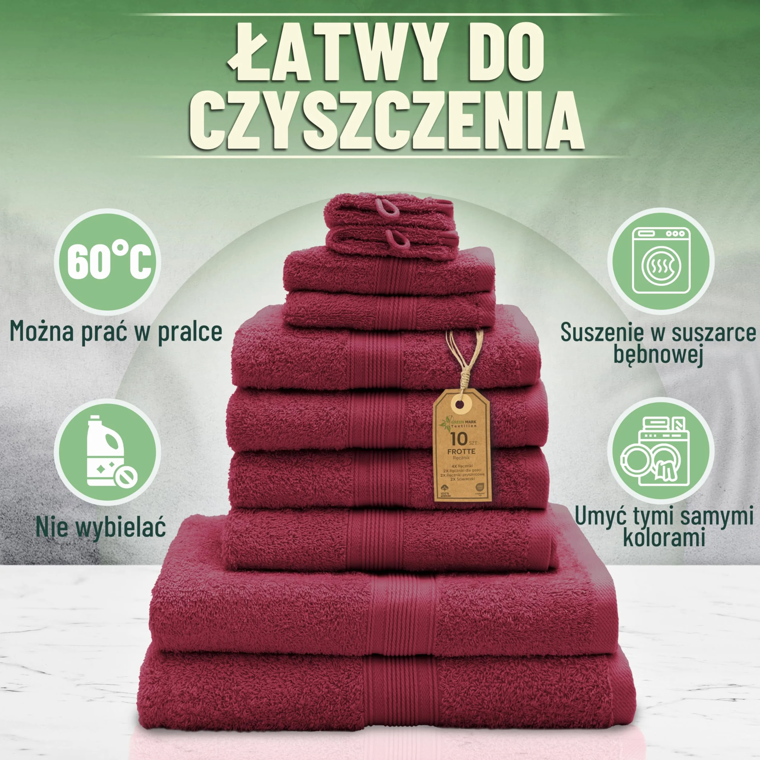 GREEN MARK 10-częściowy zestaw ręczników z 100% bawełny – 4 ręczniki 50×100 cm, 2 ręczniki kąpielowe 70×140 cm, 2 ręczniki gościnne 30×50 cm oraz 2 rękawice do mycia – Bordowy