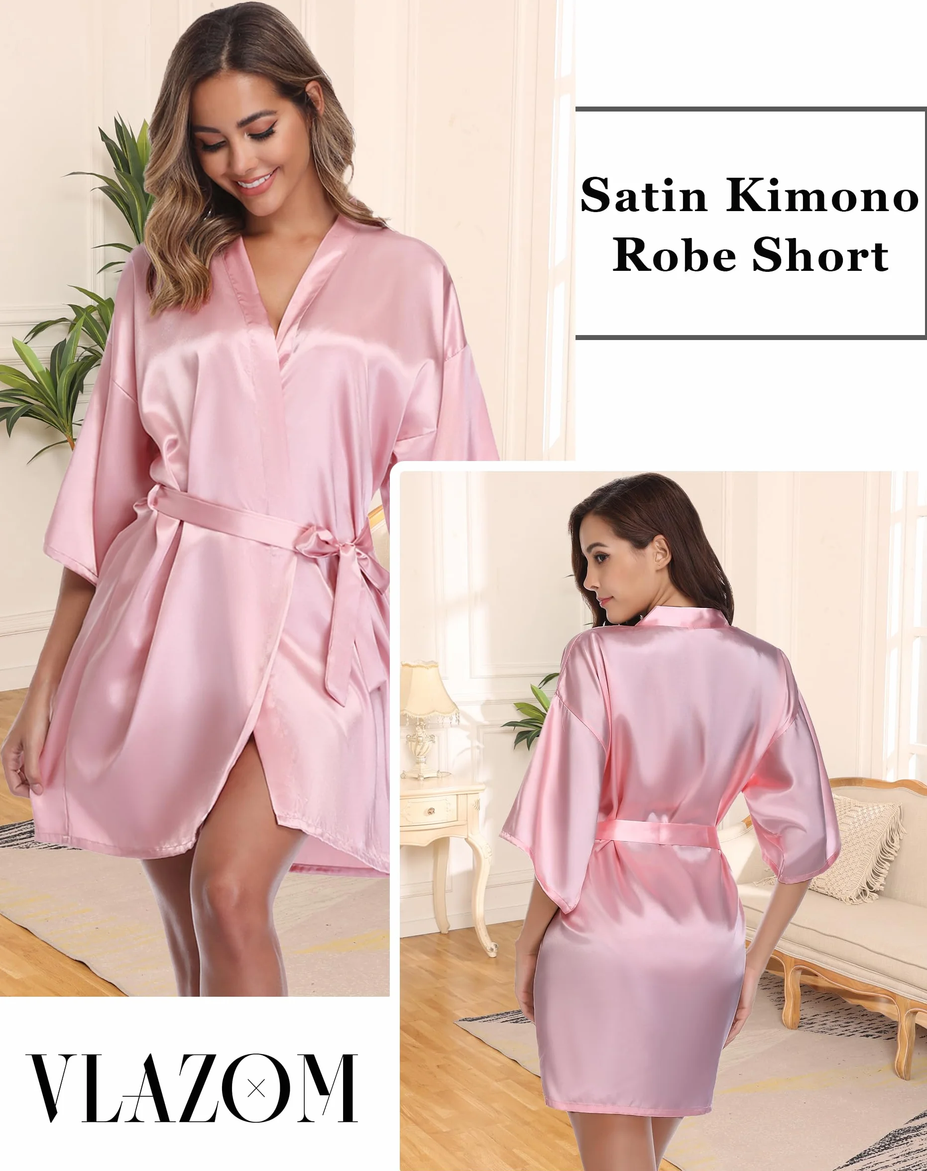 Vlazom Kimono szlafrok damski, krótki satynowy szlafrok kąpielowy z paskiem, dekolt w serek, kimono