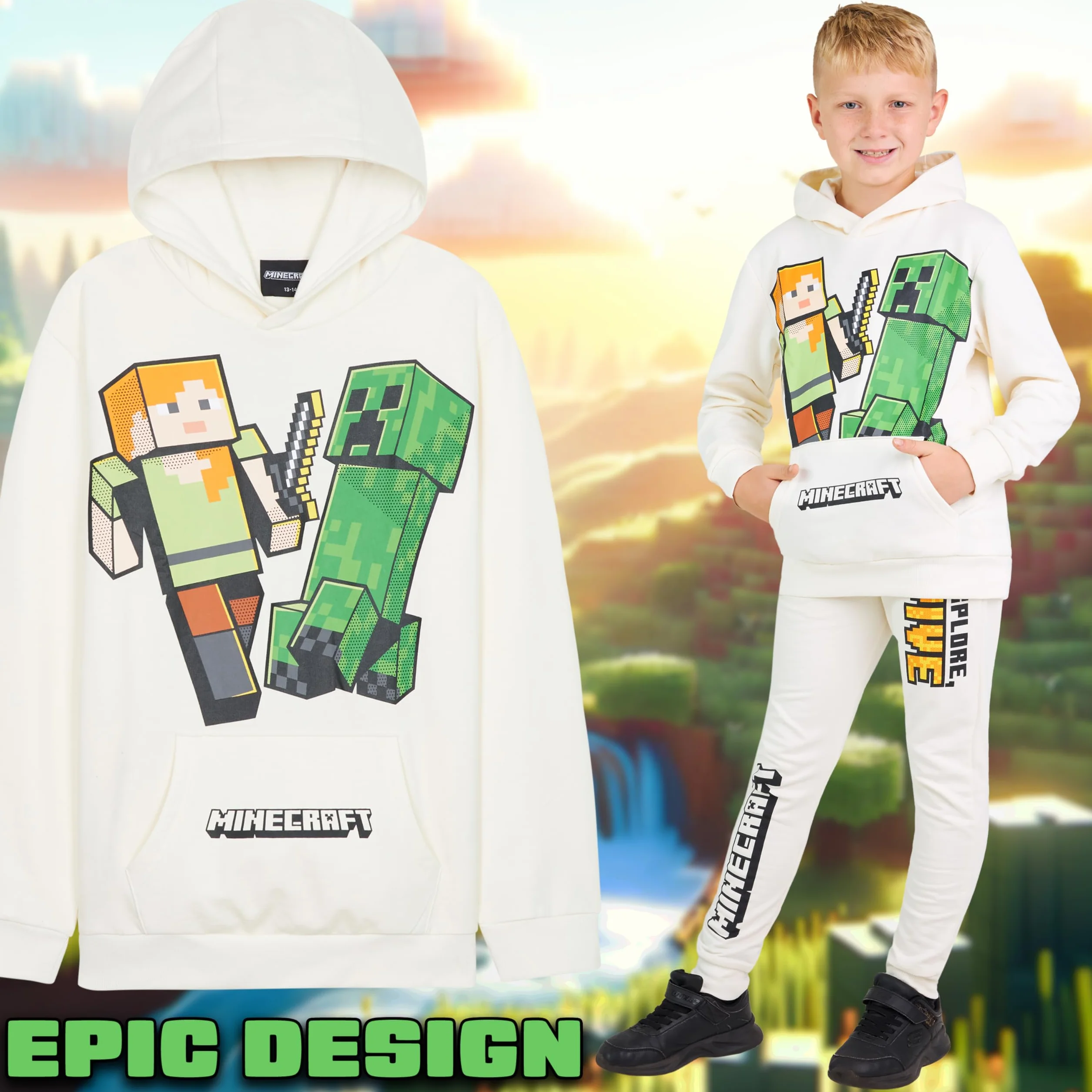 Minecraft Zestaw spodni chłopięcych, przytulna bluza z kapturem i joggery dla dzieci, zabawne prezenty dla chłopców