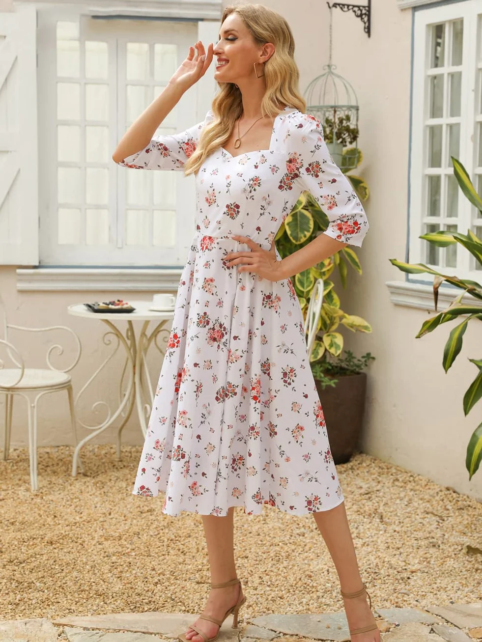 Damskie sukienki midi z nadrukiem kwiatowym kwadratowy kołnierz rękaw 3/4 linia A Party Vestidos styl francuski