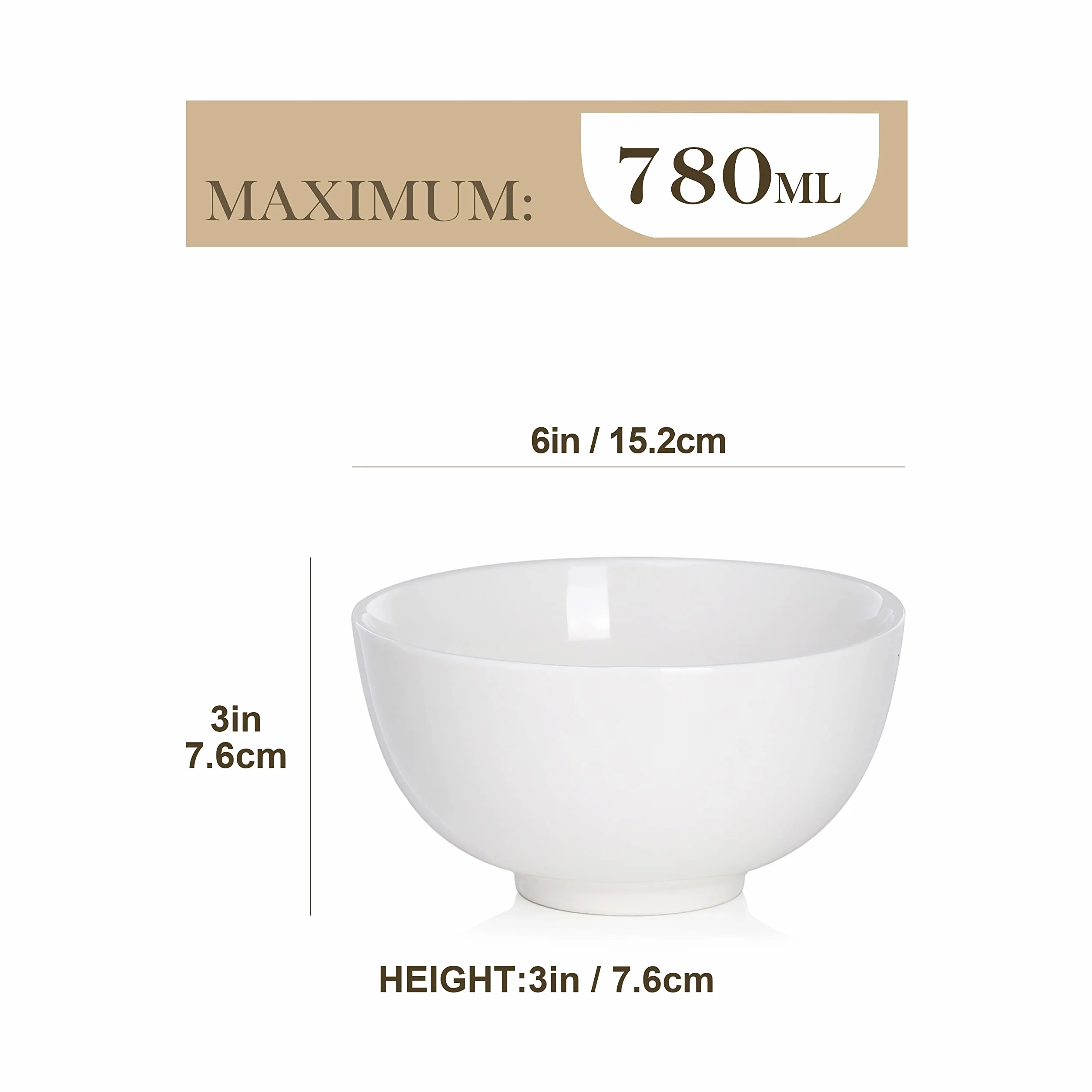 MALACASA Regular Series 4 szt. białych porcelanowych misek na płatki 780 ml, okrągłe miski śniadaniowe, miski do sałatek 15 cm, miski do sałatek, miski do zupy i ryż
