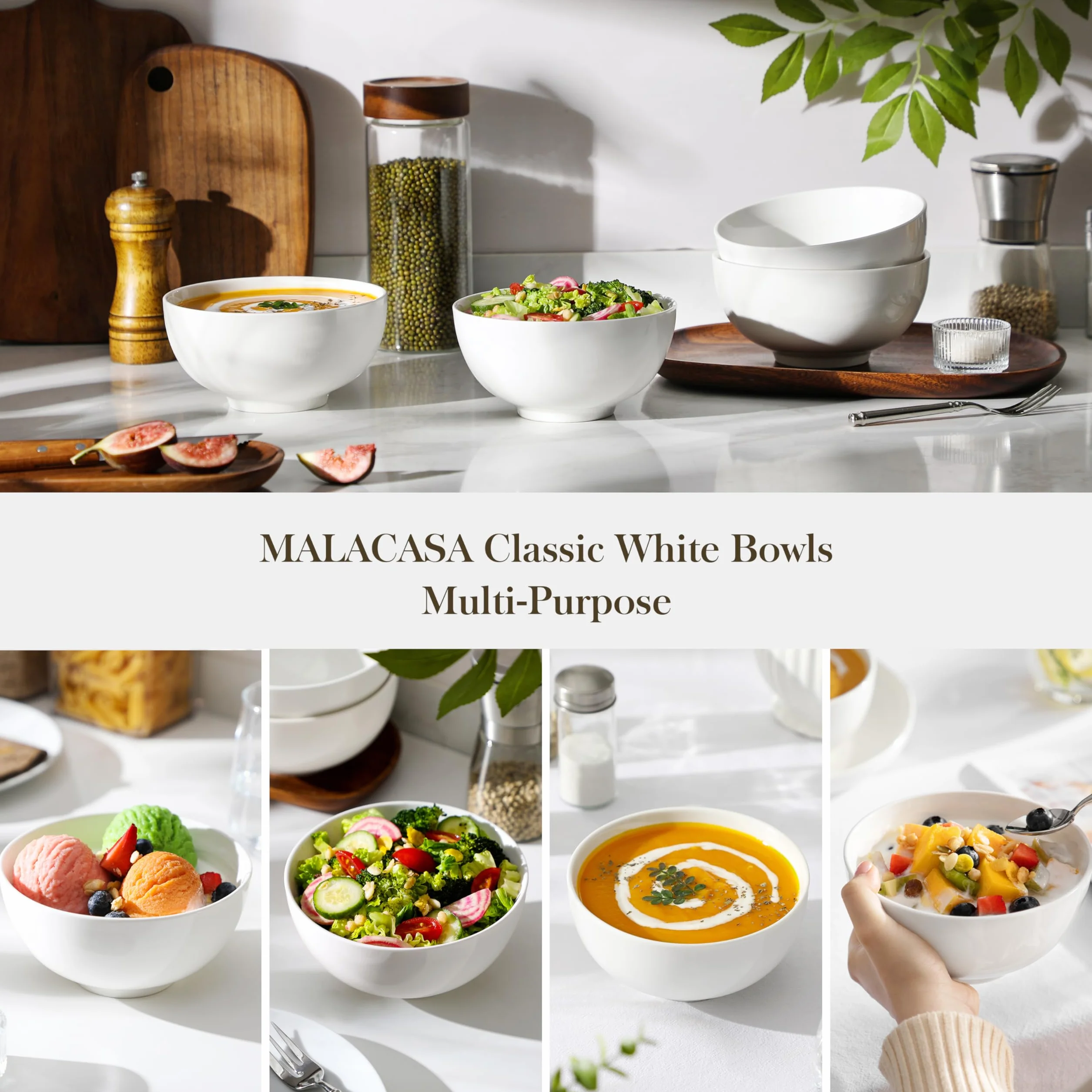 MALACASA Regular Series 4 szt. białych porcelanowych misek na płatki 780 ml, okrągłe miski śniadaniowe, miski do sałatek 15 cm, miski do sałatek, miski do zupy i ryż
