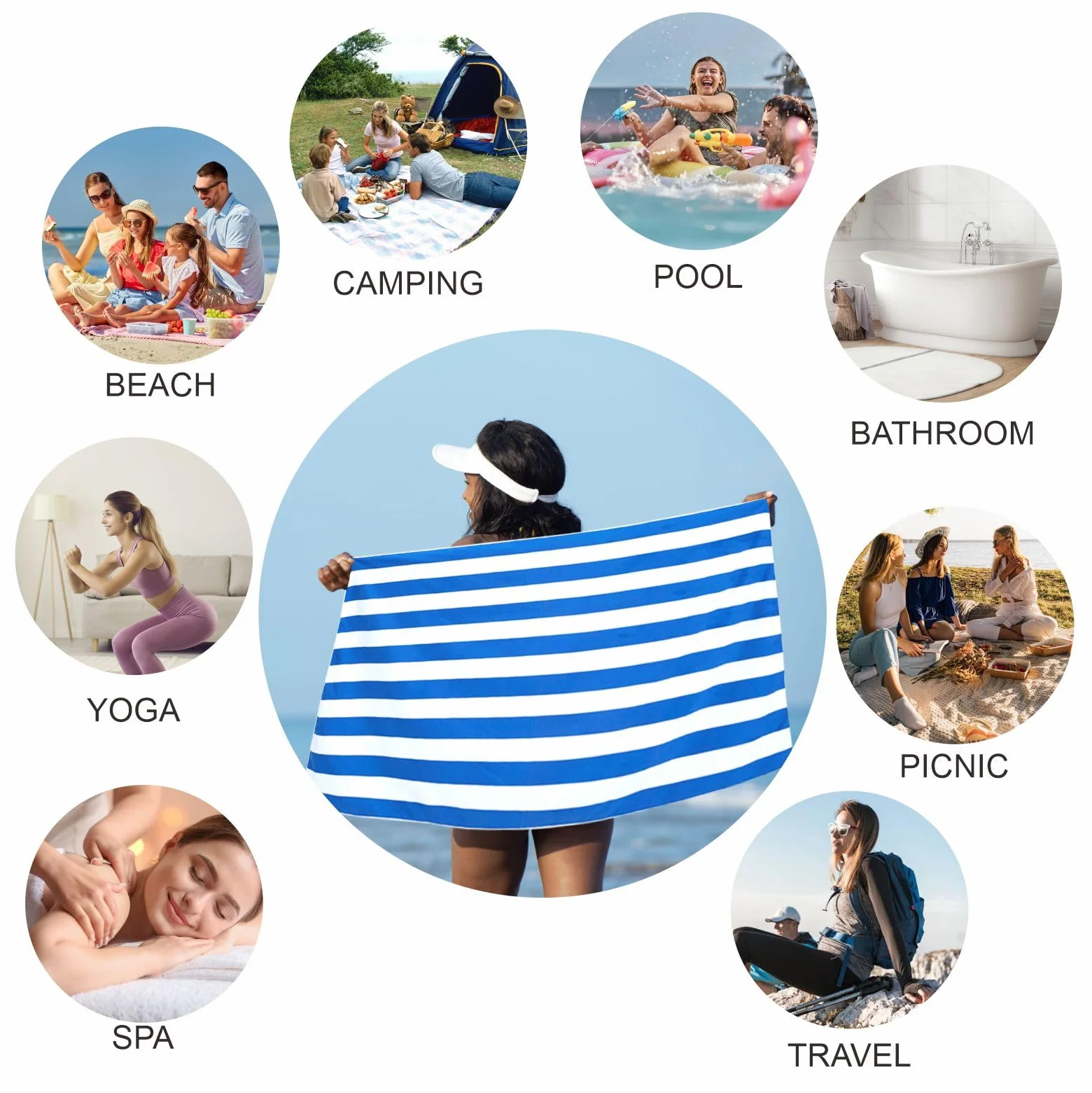 Ręcznik plażowy z mikrofibry 160 x 90 cm dwustronny niebiesko-białe paski