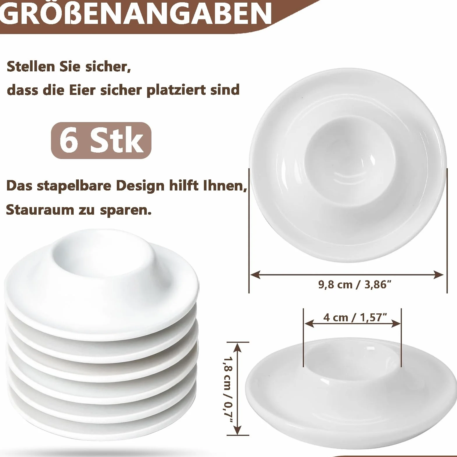 6 Szt. Plastikowych Kieliszków do Jajek, Czysto Białe Kieliszki z Tacką na Skorupki, Nietłukące i Sztaplowane, Średnica 9,8 cm, Można Myć w Zmywarce, Idealne na Brunch i Kemping