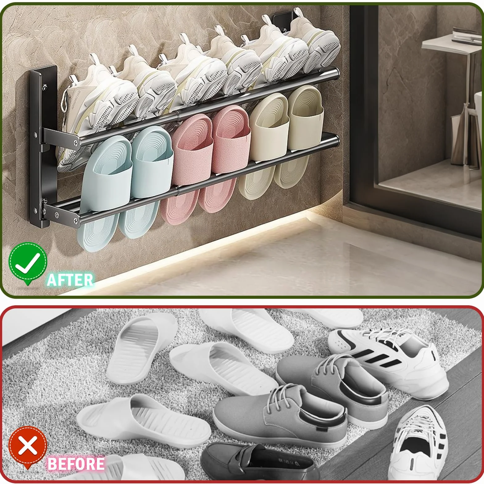Regał na buty, ścienny, wąski, metalowy czarny, 2 poziomy, 37-67 cm, wysuwany, oszczędność miejsca na 6 par butów, organizer na buty do kampera, korytarza, łazienki