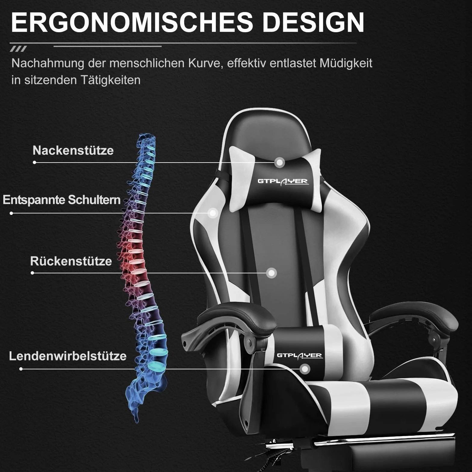 GTPLAYER Ergonomiczne krzesło komputerowe z podnóżkiem i podparciem lędźwiowym, białe