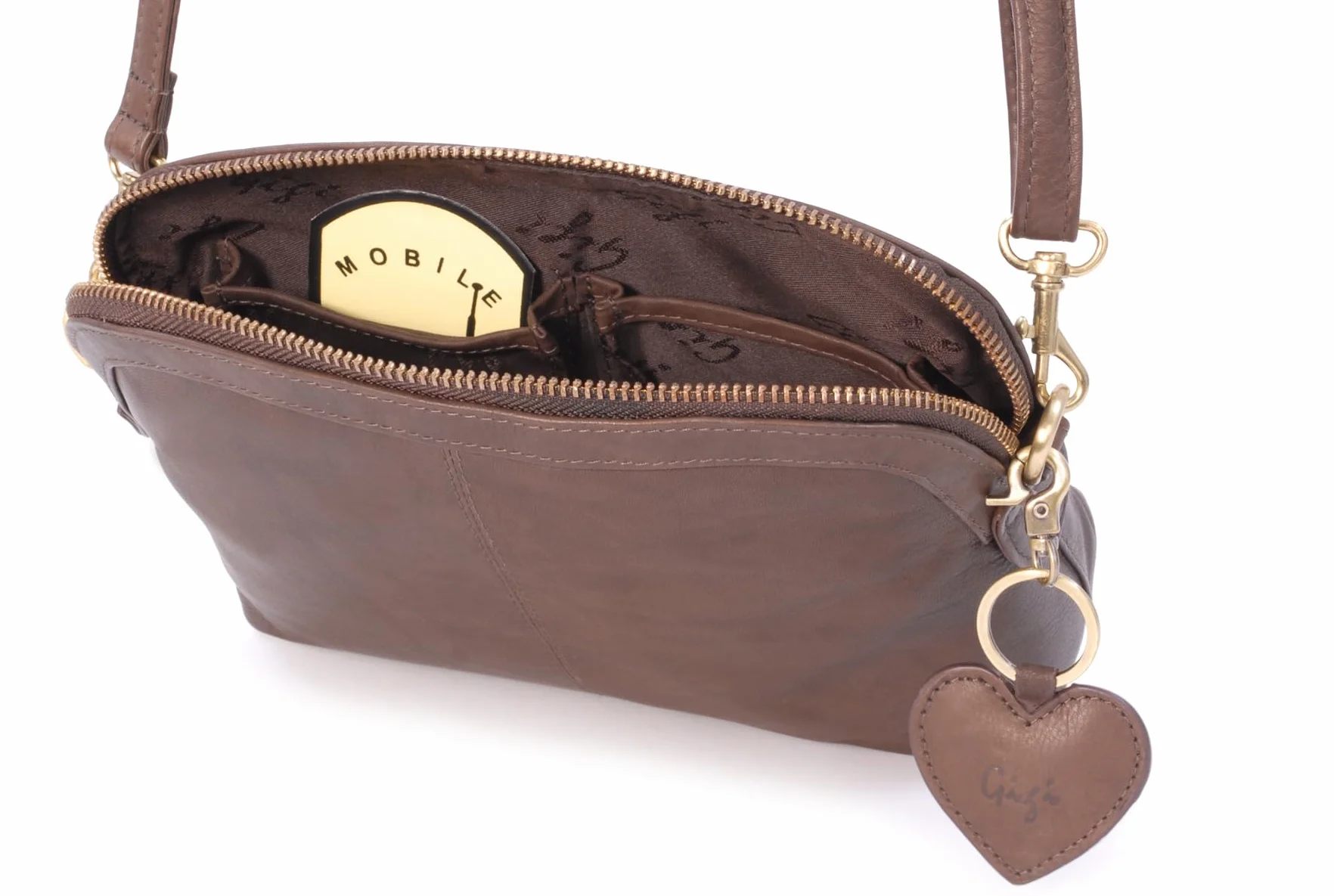 Gigi - Damska Mała Skórzana Torebka Crossbody - Torba na Ramię z Długim Regulowanym Paskiem - Brelok w Kształcie Serca - Othello 10190
