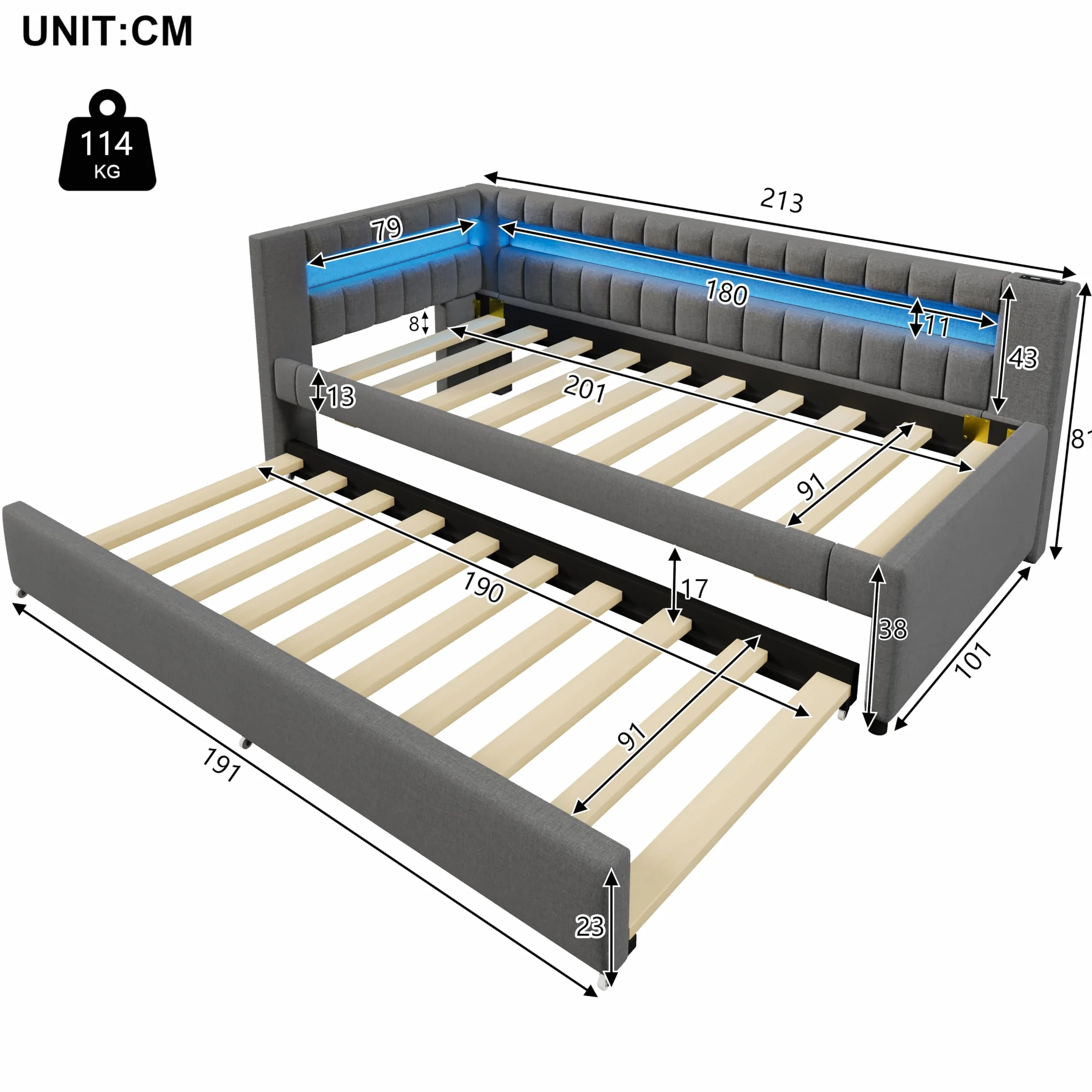 Łóżko tapicerowane z funkcją spania 90x200 cm z diodami LED i USB szare