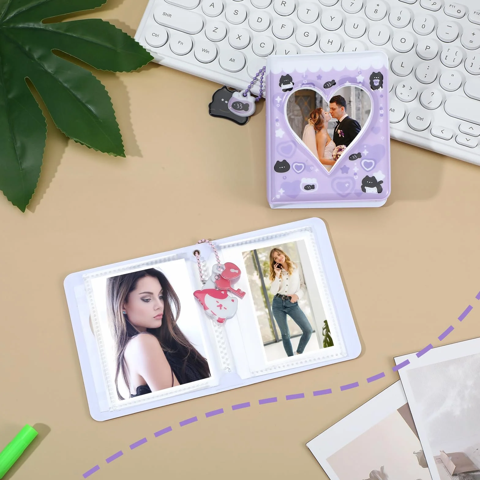 2 szt segregator na fotokarty Kpop z wisiorkiem 36 kieszeni, 3,4 cala mini album na zdjęcia Love Heart ażurowy uchwyt na karty fotograficzne z 5 uroczymi dekoracjami do standardowych fotokartek