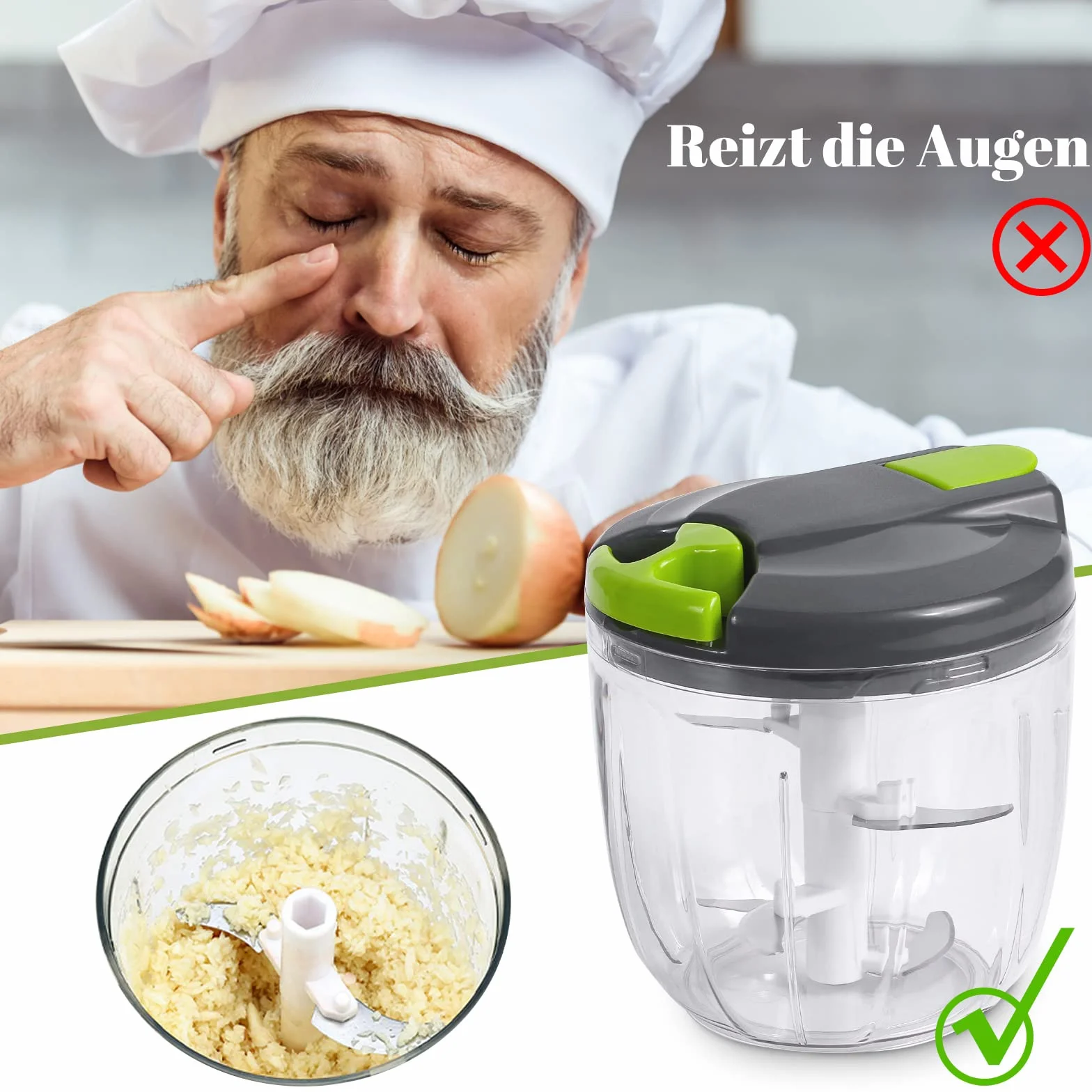 Gucass Ręczna szatkownica do cebuli 900 ml rozdrabniacz siekanie mieszanie warzyw szaro-zielony