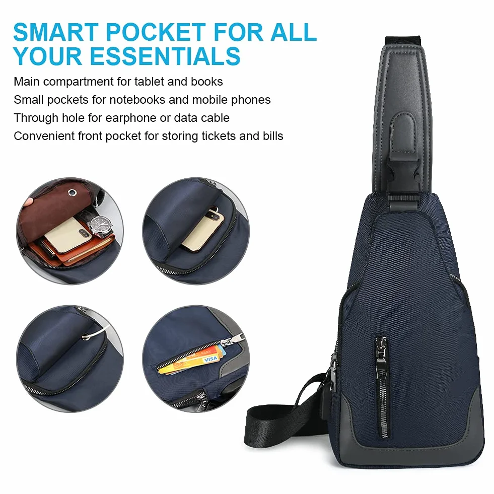Aucuu Torba na ramię, na klatkę piersiową, z portem ładowania USB, dla mężczyzn i kobiet, lekka, typu crossbody, do wędrówek, jazdy na rowerze, podróży, zakupów, NIEBIESKI, 1