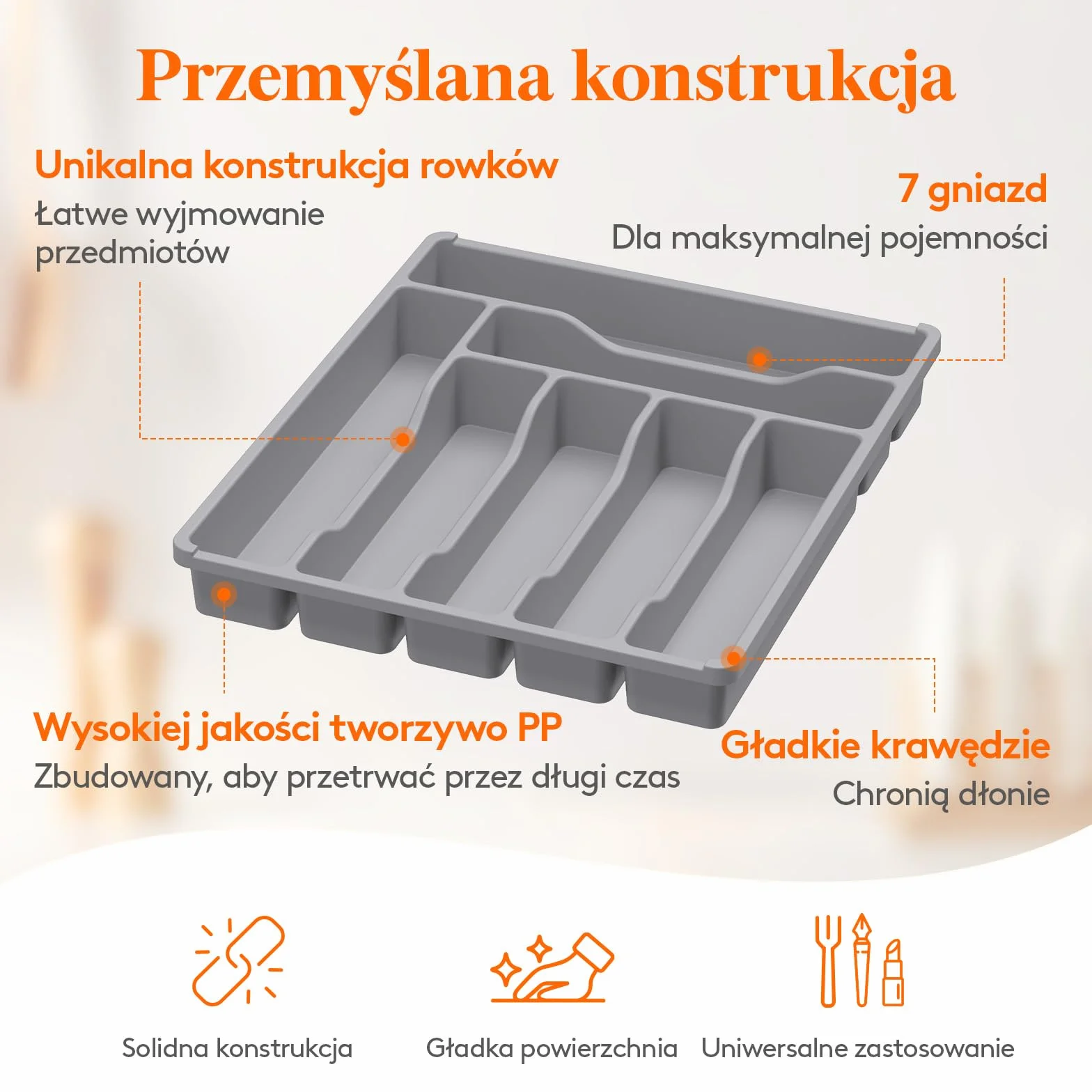 Organizer do szuflady na sztućce Lifewit, Plastikowa taca na sztućce do szuflady kuchennej, Uchwyt, Przegródka na Łyżki, Widelce, Noże, Zastawa stołowa, 7 przegródek, Szary