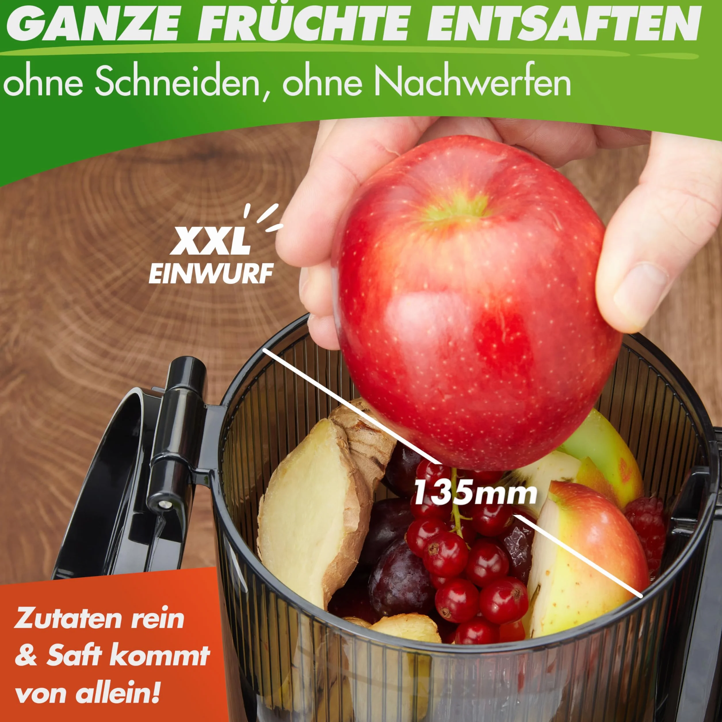 Nutrilovers Sokowirówka Slow Juicer NUTRI-PRESS MAX wyciskanie całych owoców otwór XXL 135 mm, bez BPA, zestaw z butelką