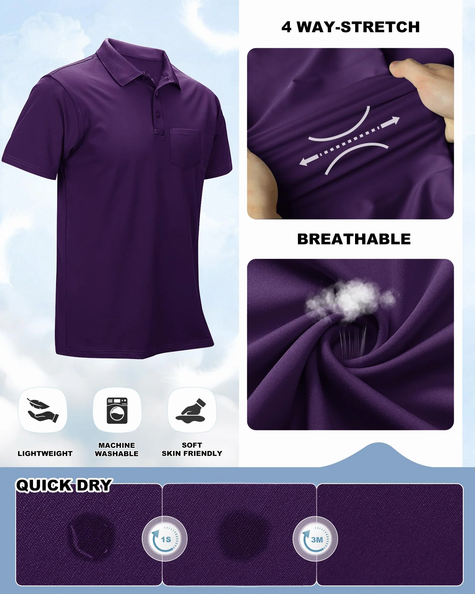 Outdoor Ventures Męska koszulka polo z kieszenią na piersi, letnia koszulka golfowa UPF50+, ochrona przed słońcem, krótki rękaw, szybkoschnąca, koszulka sportowa, jednokolorowa koszulka polo dla