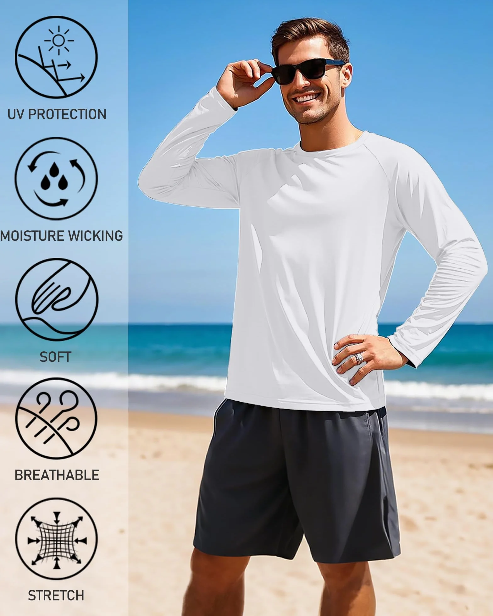 Tansozer Męska koszulka z długim rękawem UPF 50+ ochrona przed promieniowaniem UV wędkowanie wędrówki rash guard koszule