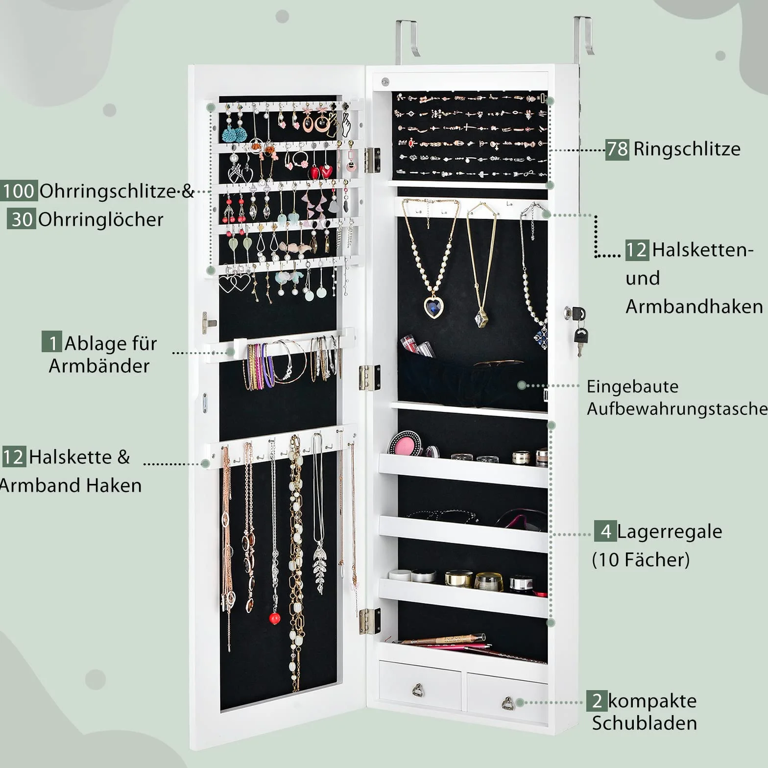COSTWAY Lustrzana szafka na biżuterię z 6 lampkami LED i 2 szufladami, wisząca na ścianę/drzwi, zamykana na klucz (biała)