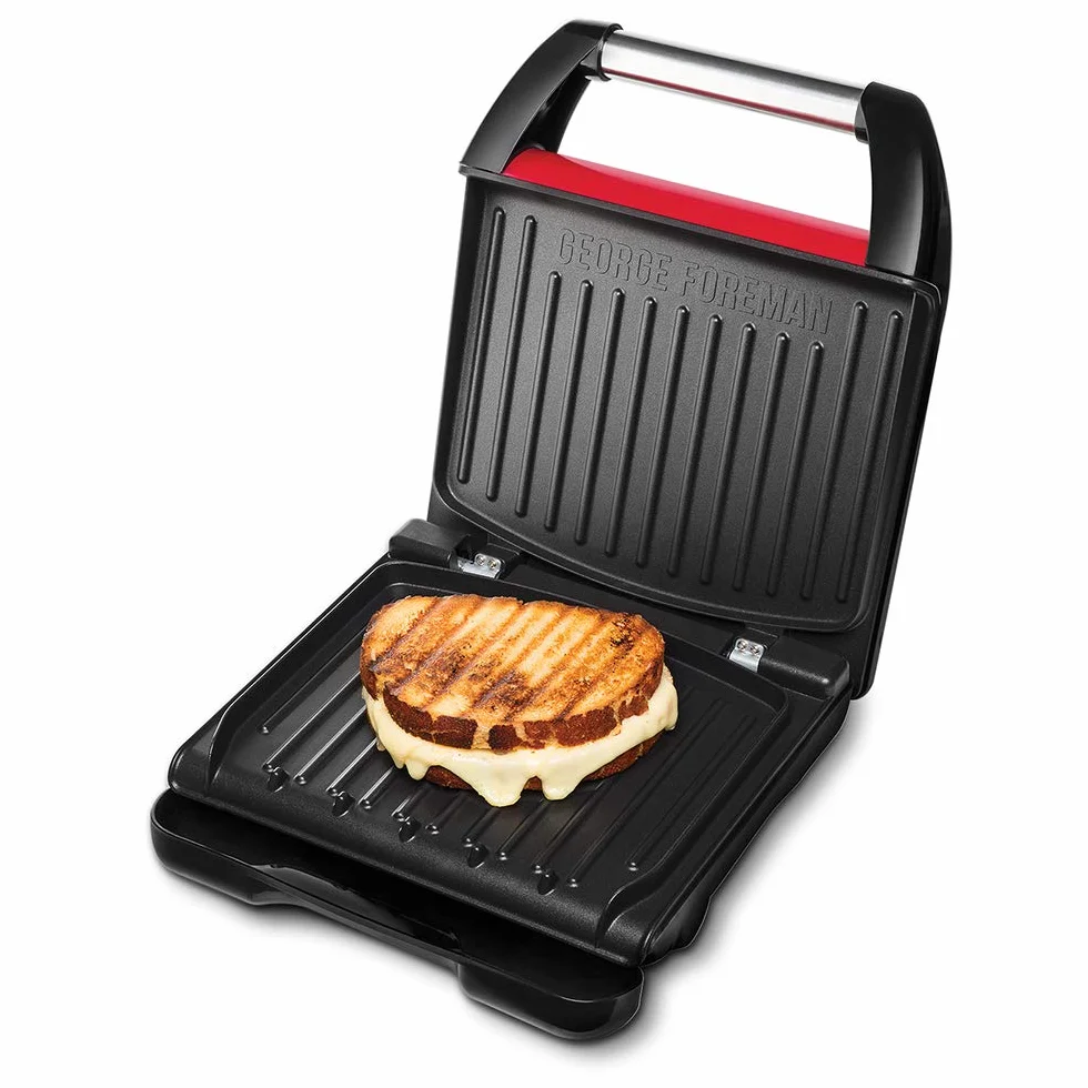 George Foreman grill elektryczny, redukujący ilość tłuszczu, wyjmowane płyty z powłoką nieprzywierającą, ruchome zawiasy, moc 1200W, czerwony, Steel Compact 25030-56