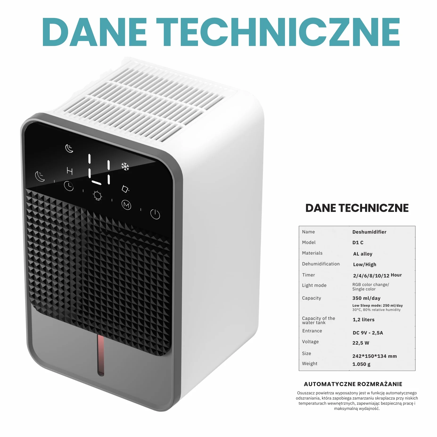 Osuszacz powietrza, elektryczny osuszacz powietrza UW Smart D1C, cichy i elektryczny osuszacz powietrza do pomieszczeń do 20 m², 350 ml/dzień (1,2 l), tryb nocny, energooszczędny oczyszczacz powietrza