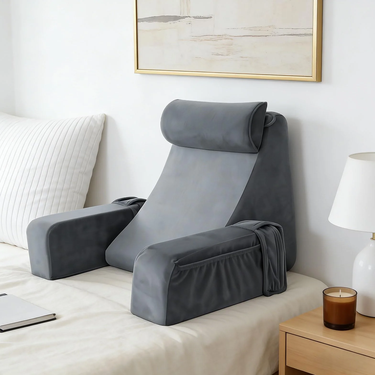 Ergonomiczna Poduszka do Czytania na Łóżko i Sofę, Szara, z Podłokietnikami i Poduszką Głowy