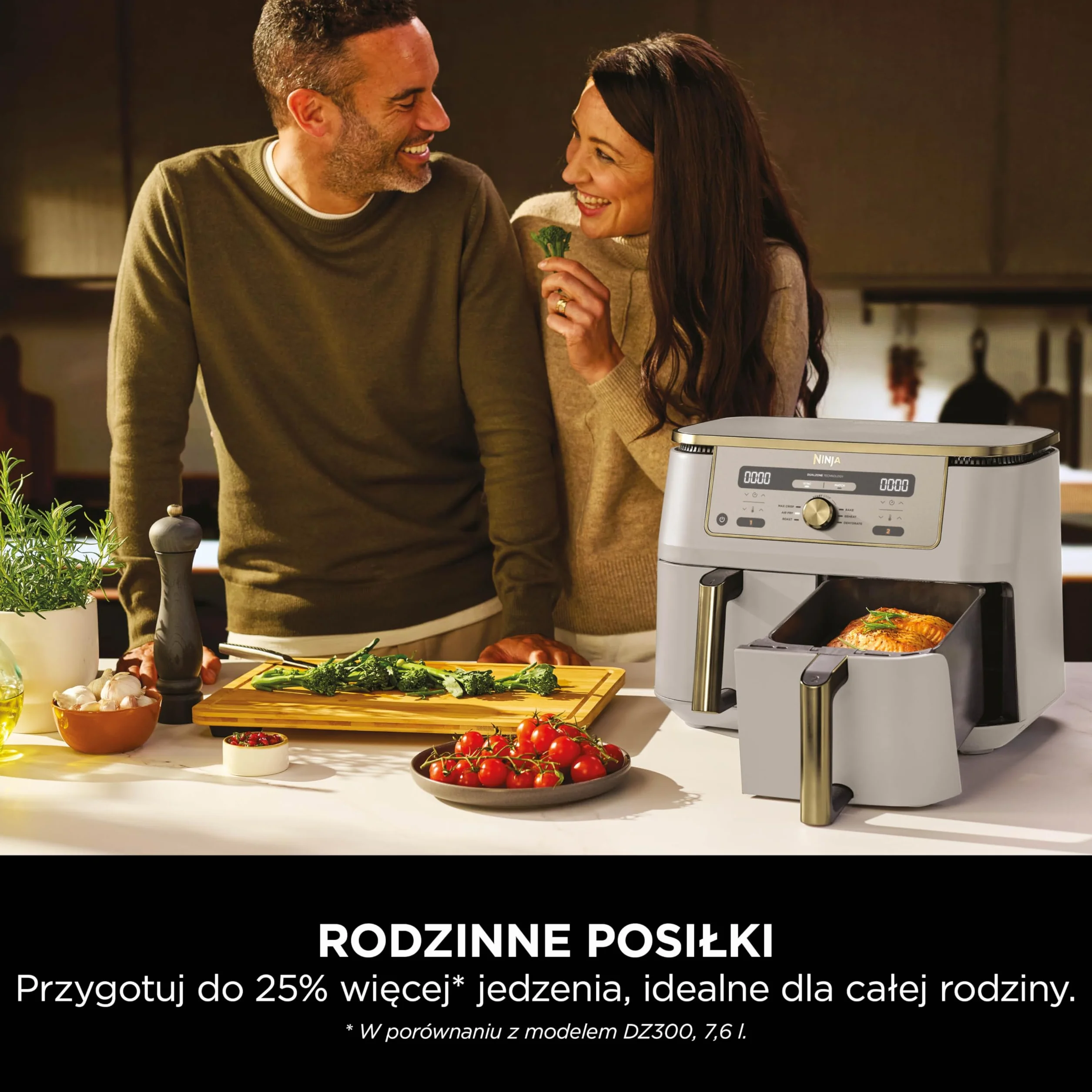 Ninja MAX Dwustrefowa frytkownica, 2 szuflady, 9,5 l, zero oleju, Air Fry, Max Crisp, Roast, Bake, Reheat, Dehydrate, nieprzywierające kosze do mycia w zmywarce, Złoty odcień kamienia, DZ400EUSTGD