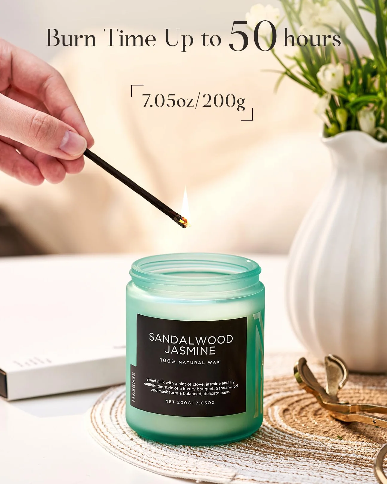 M&SENSE Jaśmin Świeca Zapachowa 200g 50h Naturalna Sojowa z Knotami