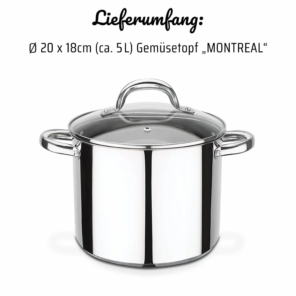 GSW 990189 Montreal garnek do warzyw ze szklaną pokrywką 20 cm/ok. 5,0 l, stal nierdzewna, srebrny, 20 cm