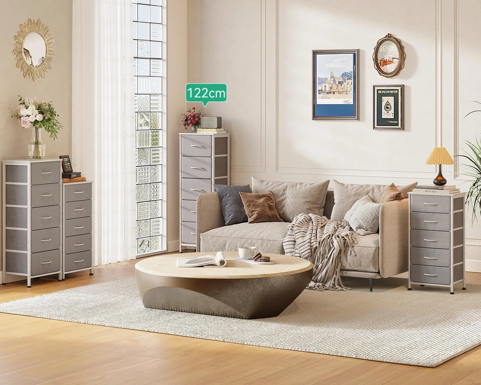 Coleshome Komoda do sypialni z 5 szufladami tkanina jasnoszara
