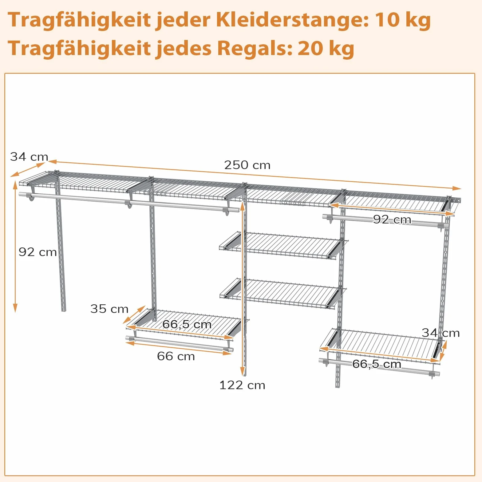 COSTWAY Zestaw drążków na ubrania montaż ścienny regulowany 122-244 cm regał z siatki metalowej