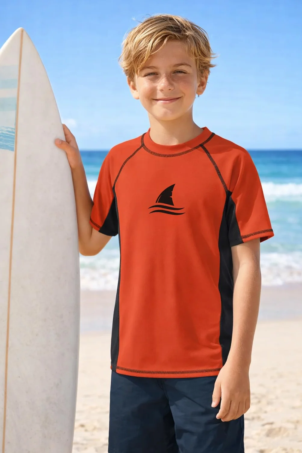 Rashguard chłopięca koszulka do pływania z krótkim rękawem UV koszulka kąpielowa okrągły kołnierz, moda kąpielowa, suszenie 104-164