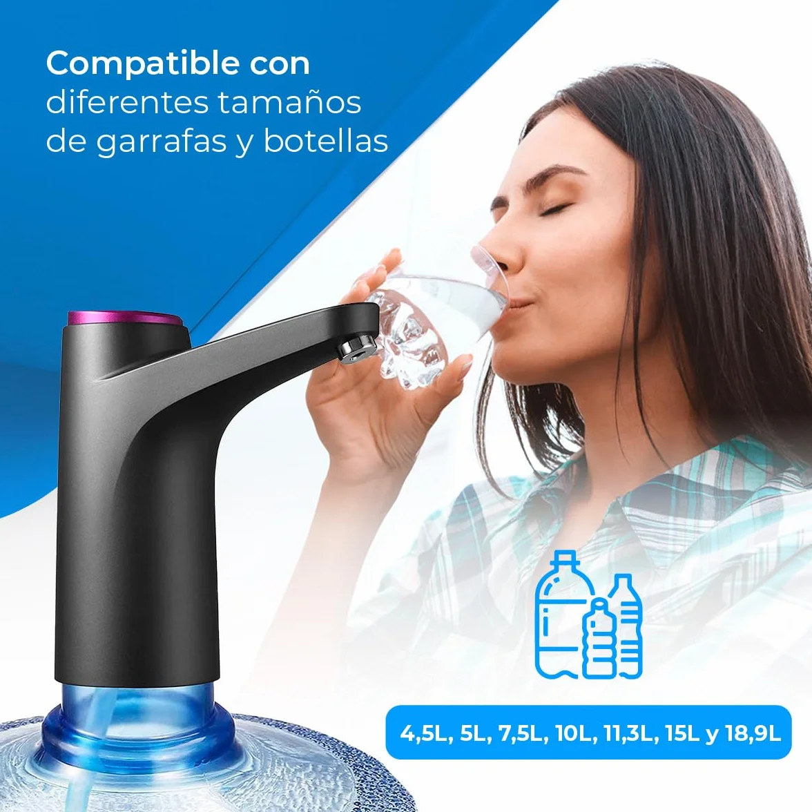 NK Waterdispenser LED Indicator USB Oplaadbare 1200 mAh Batterij Silicone Compatibel 4,5L-18,9L Zwart