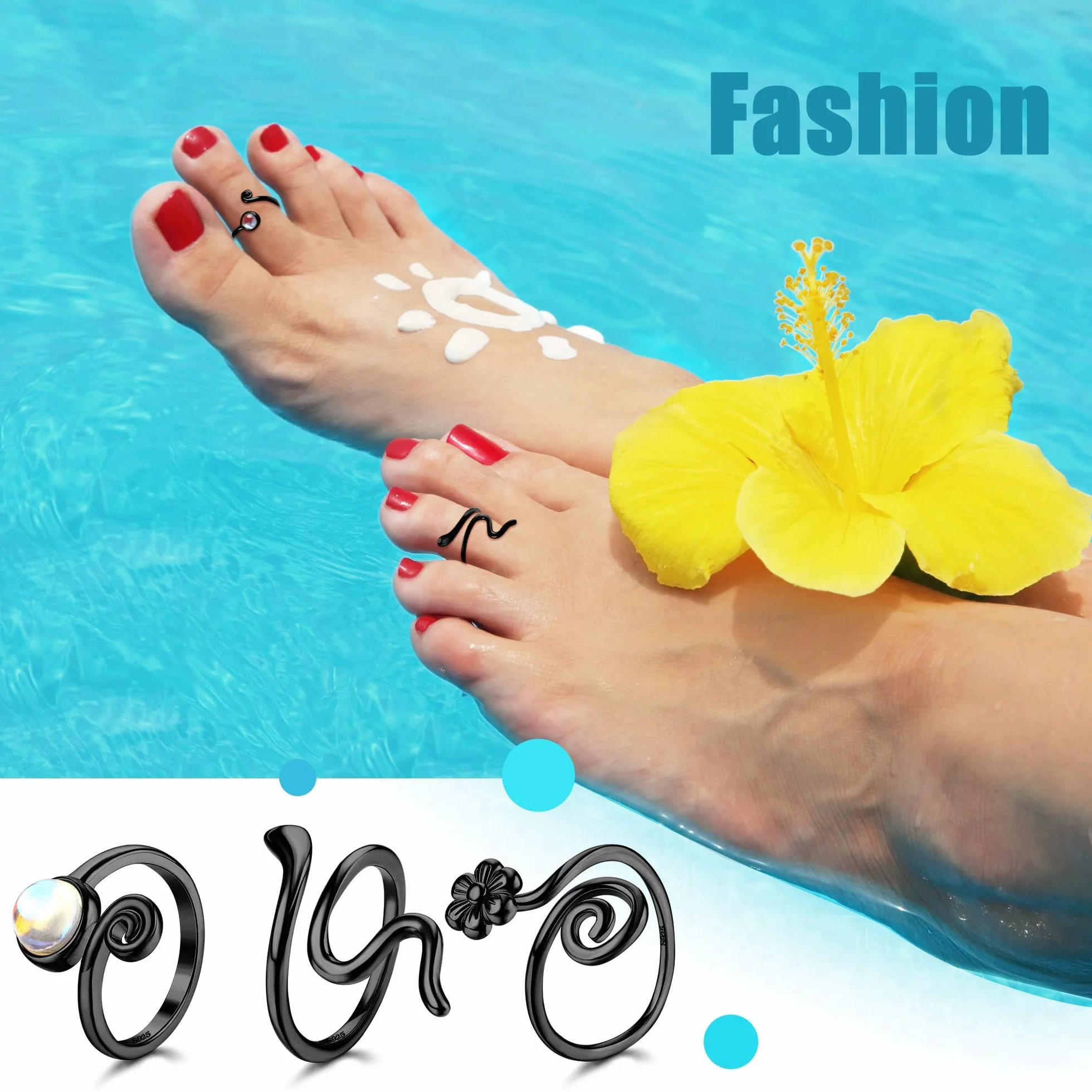Sllaiss 3PCS 925 Sterling Silver Czarny Pierścień do palca dla kobiet Mężczyzn Otwarty Regulowany Pierścień Czarny Twist Flower Cool Toe Ring Zestaw palca Pierścień Foot Biżuteria